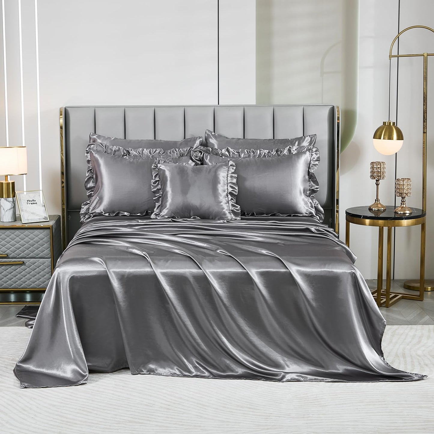 Grey Satin Comforter Set with Sheets,Silk Like Satin Ruffle Bed Duvet Set,Silky Luxury Bed in a Bag King Bedding Set 8 Pcs,1 Comforter,4 Pillowcases,1 Flat Sheet,1 Fitted Sheet,1 Cushion Cover