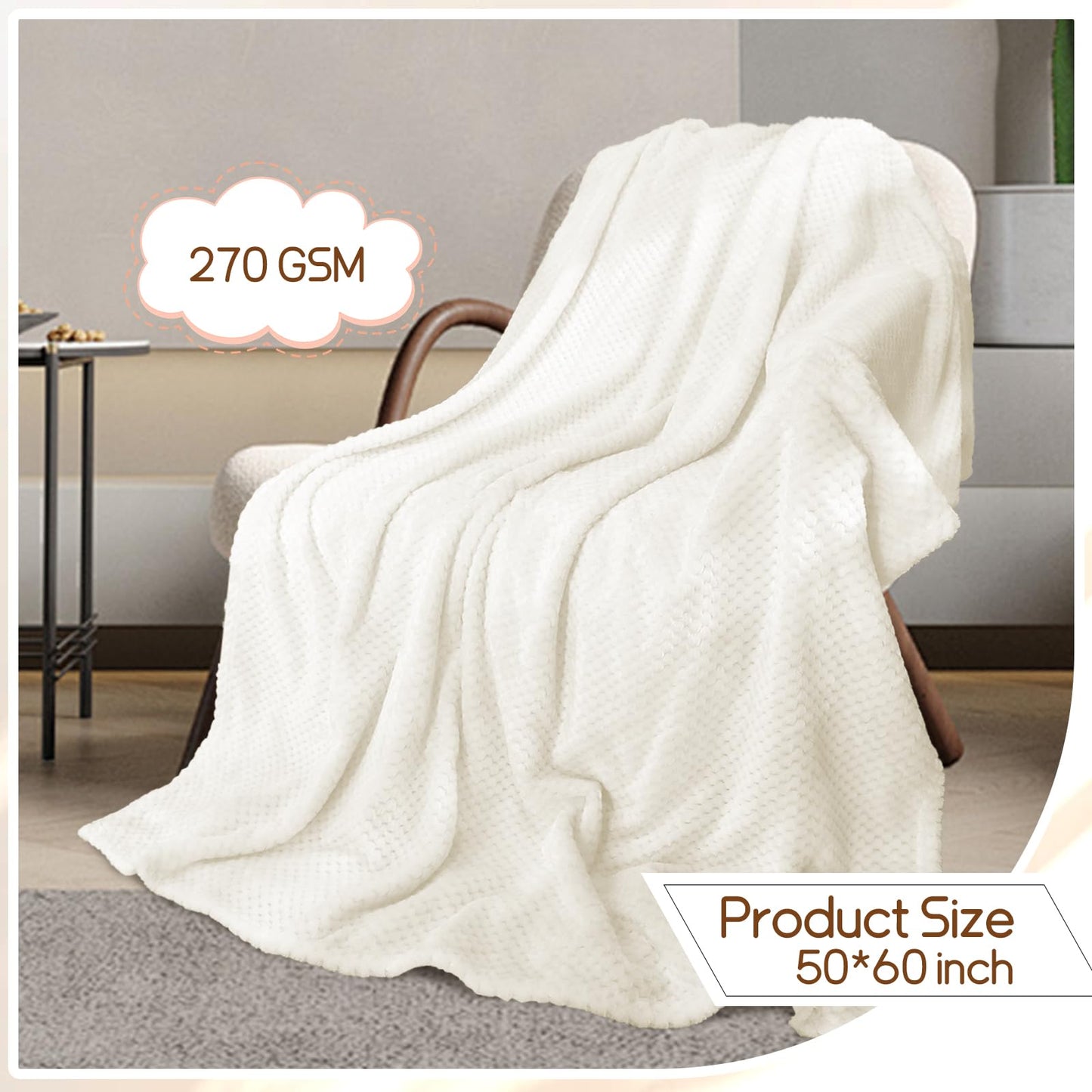 Tewloss 8 Pack Fleece Throw Blankets 50x60 Inches - 240 GSM Ultra Soft Plush Flannel for Bed Couch Sofa, Lightweight Warm 3D Waffle Texture, No Shedding No Pilling All Season Throw(Creamy White)