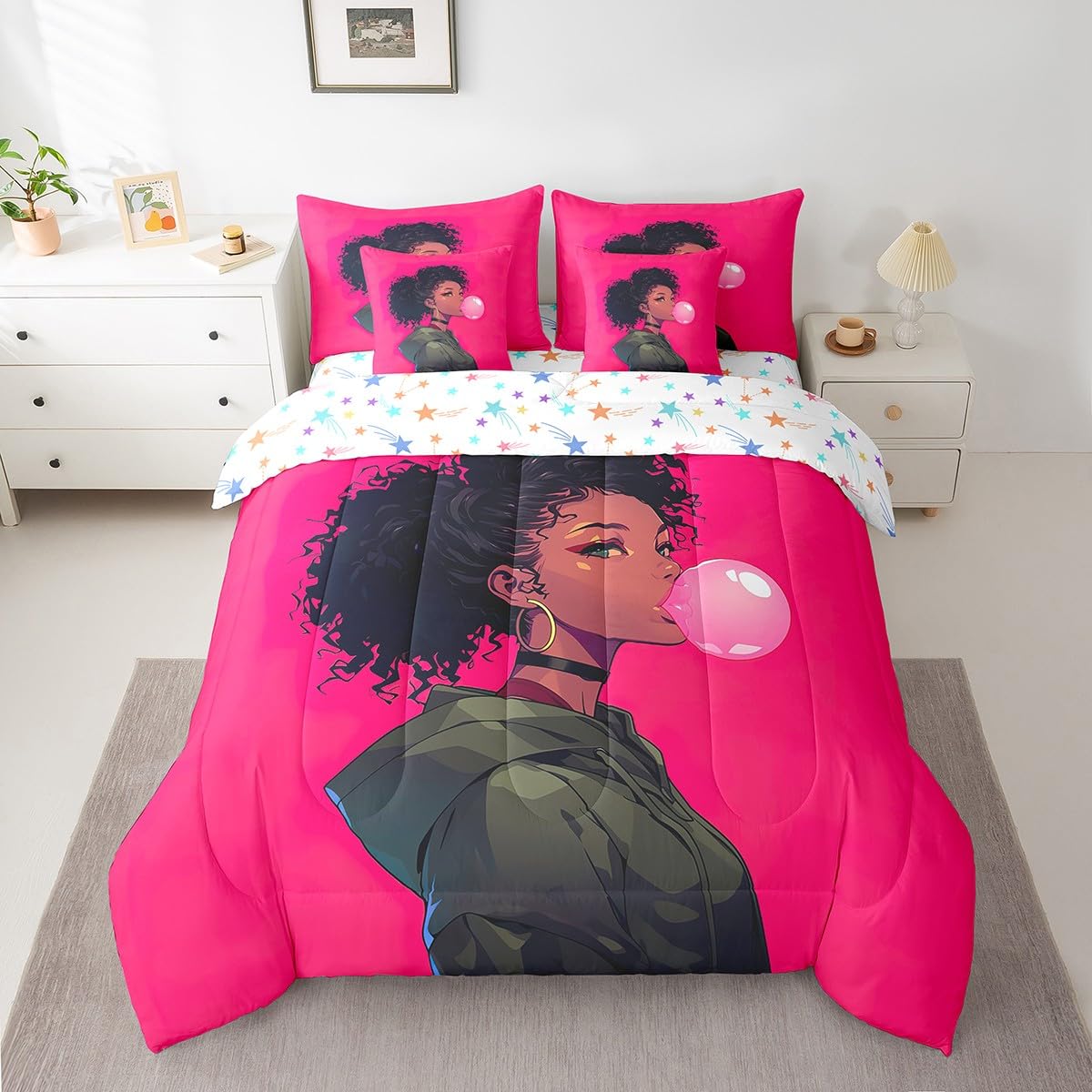jejeloiu Kids Cool Black Girl Comforter Set 7 Pieces Full Size African American Girl Bedding Set for Boys Girls Pink Bed in a Bag with Comforter, Sheets, Pillowcases & Cushion Covers（No Glitter）