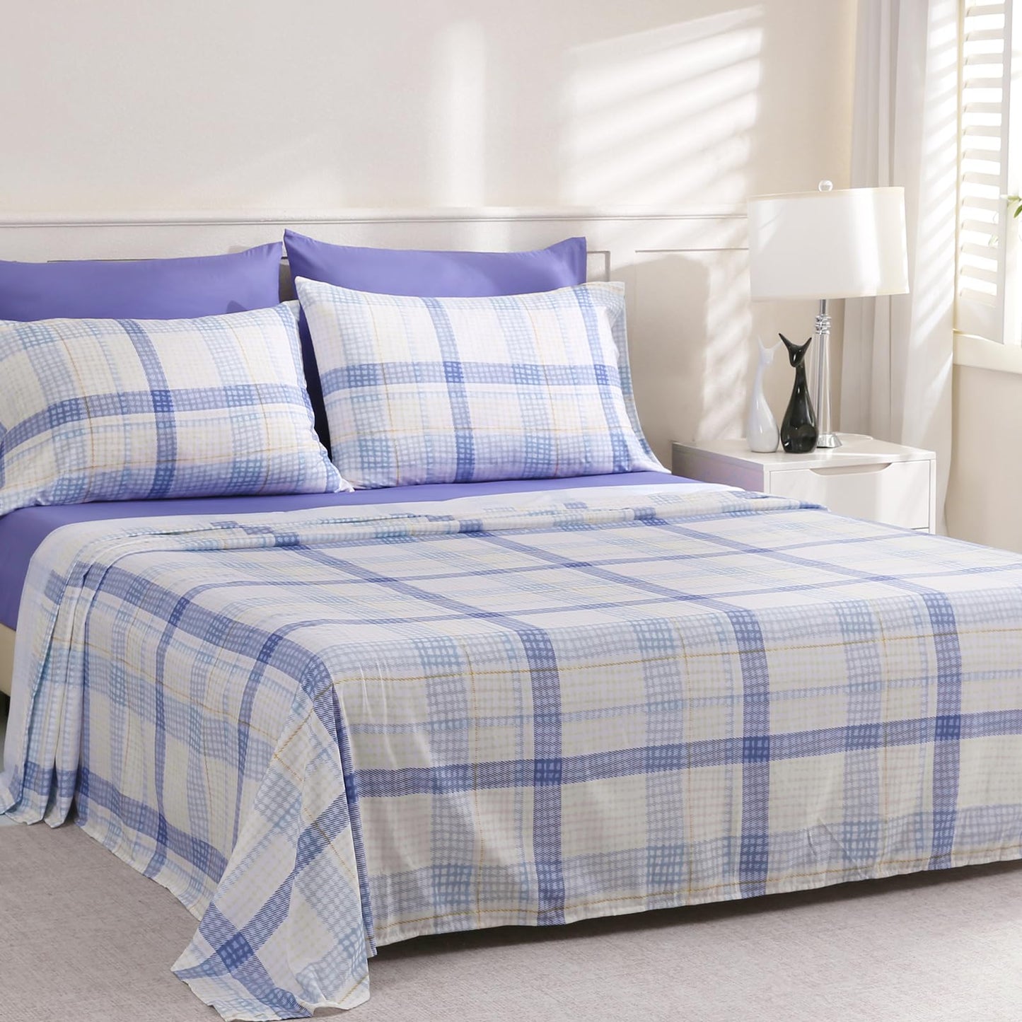 LONAVA Plaid Queen Size 6 Pcs Sheet Set, Breathable Microfiber Deep Pocket Peri Fitted Sheets, Comfy & Breathable Patterned Flat Sheets,4 Gentle Soft Pillowcases, Blue Plaid