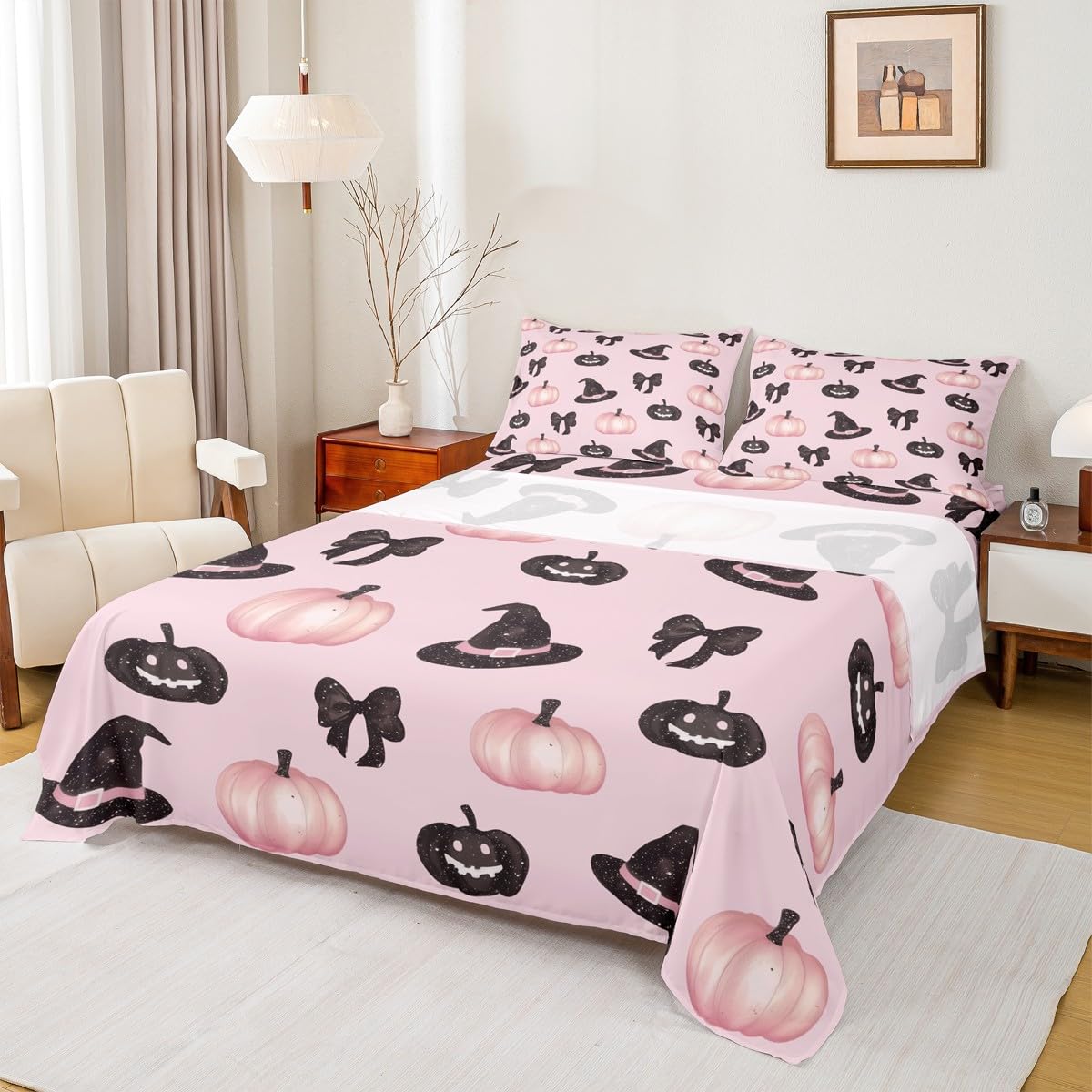 Feelyou Pink Halloween Bed Sheets Sets Full Size Kids Boys Girls Black Bowknot Bedding Set Halloween Decor Bed Sheet Set with 16-Inch Deep Pockets Trick or Treat 4Pcs with 2 Pillow Cases