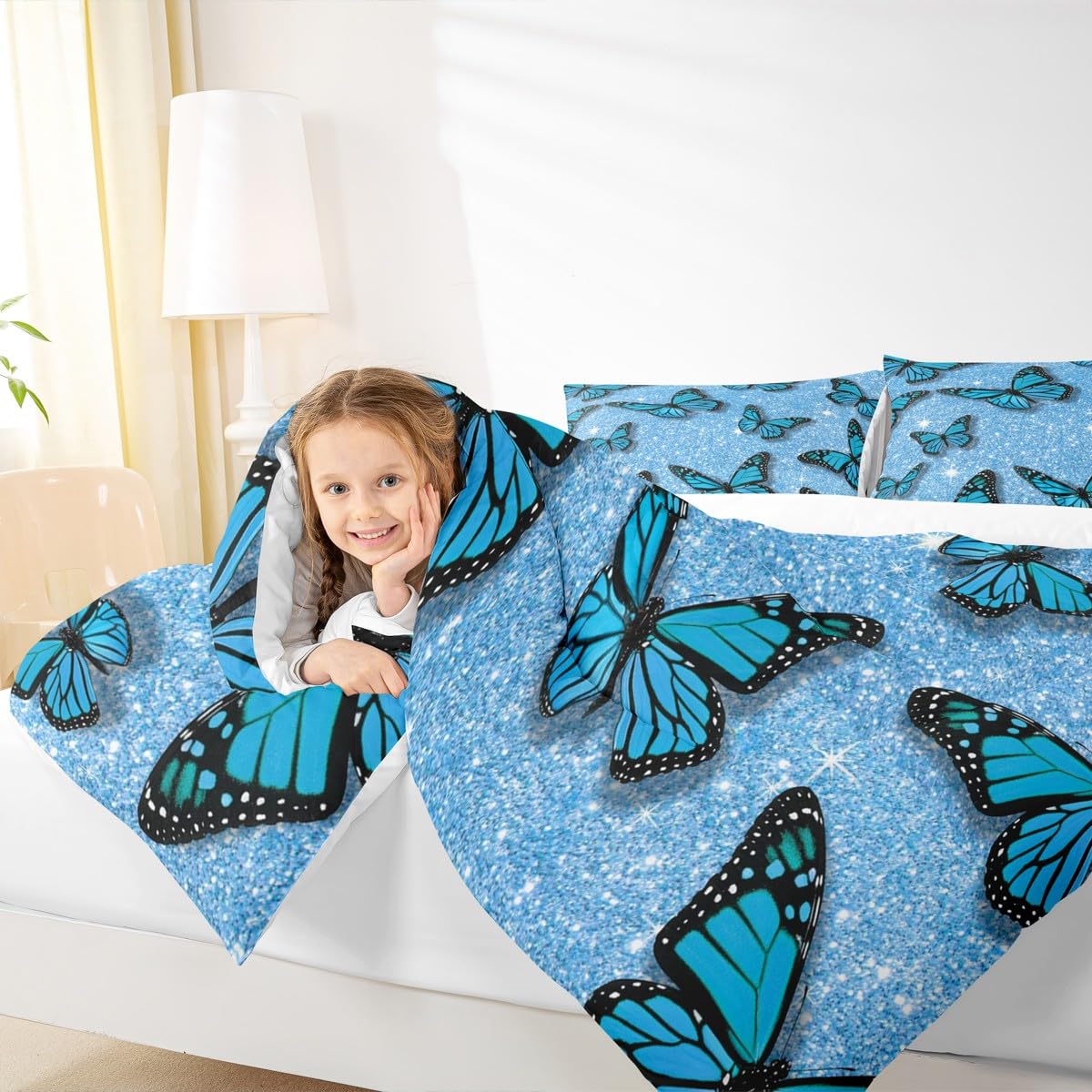 Castle Fairy Butterfly Glitter Comforter Set Queen Size,Blue Starry Galaxy Bedding Set for Kids Girls Teens Adults Room Decor,Fantasy Flying Animals Quilt Set Sparkling Diamonds Duvet Insert 3pcs