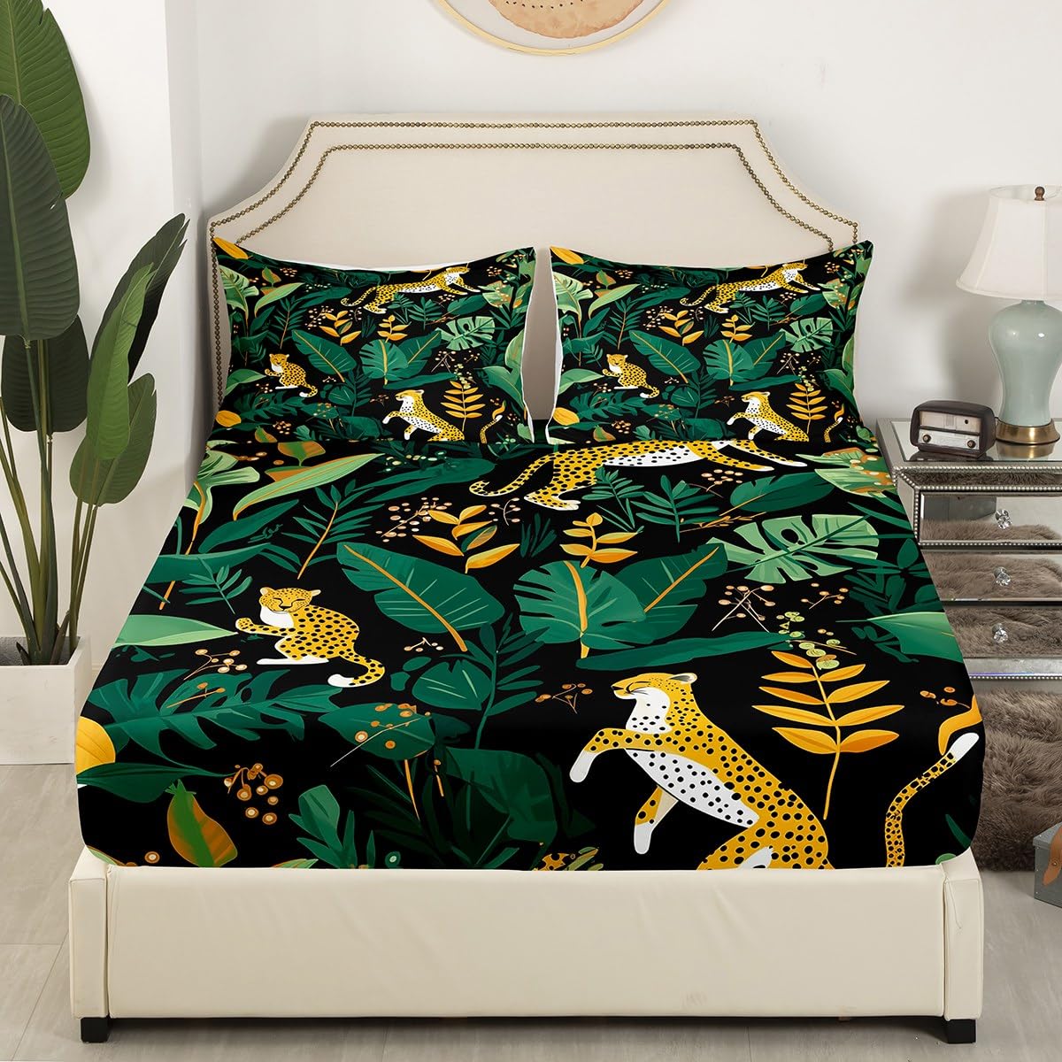 Feelyou Cheetah Fitted Sheet Queen Size Leopard Bed Sheet Set for Boys Teens Decor Tropical Leaves Bedding Set Safari Bed Cover Bedroom Animal Print Bed Set 3Pcs