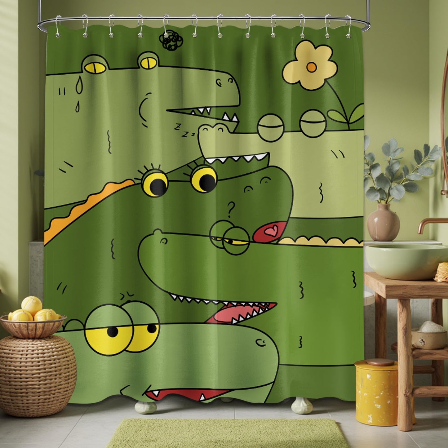 dueeia Alligator Shower Curtain for Kids Funny Cartoon Animal Green Crocodile Shower Curtains for Bathroom Decor Sets, Waterproof Fabric with Hooks, Waterproof Fabric 70 x 72 inch with Hooks