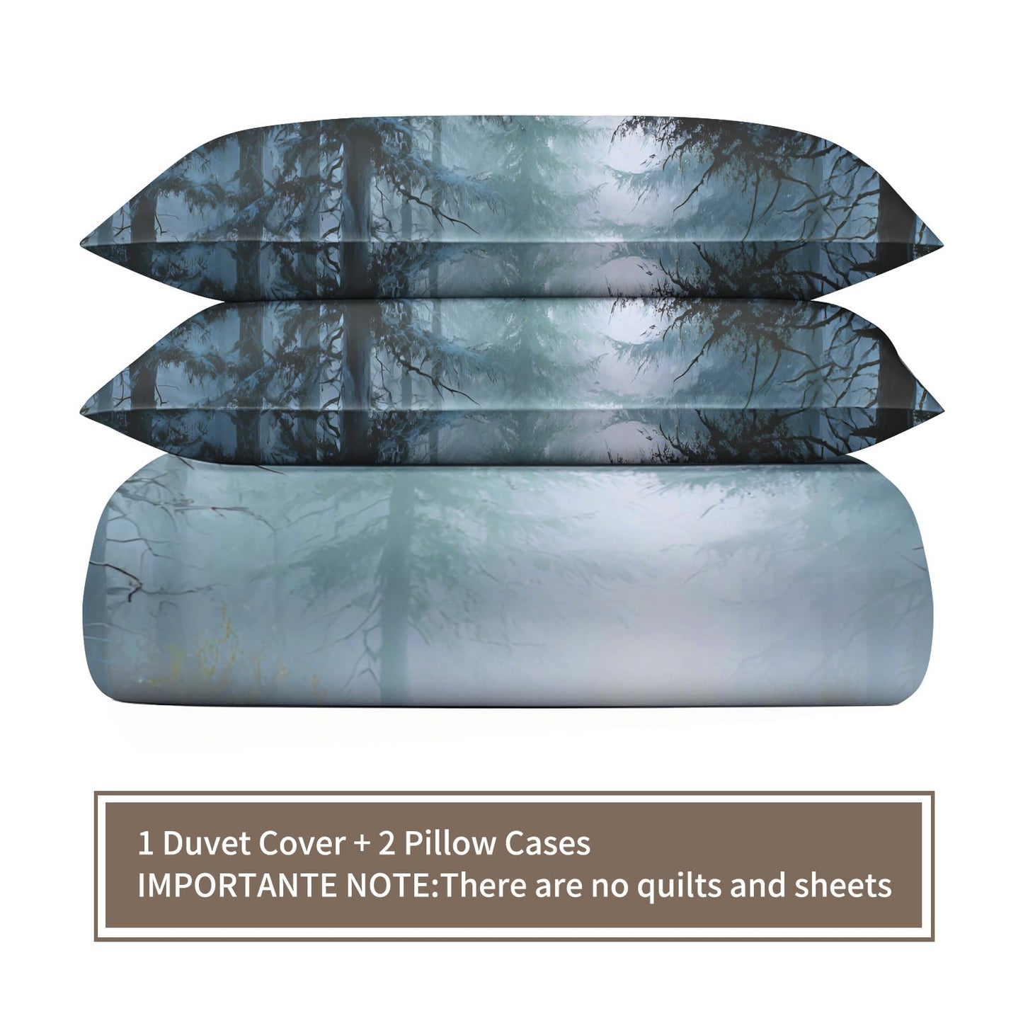 Misty Forest Duvet Cover 80" x 90", Forest Path Bedding Set, Natural Woodland Tree Comforter Cover with Zipper Ties