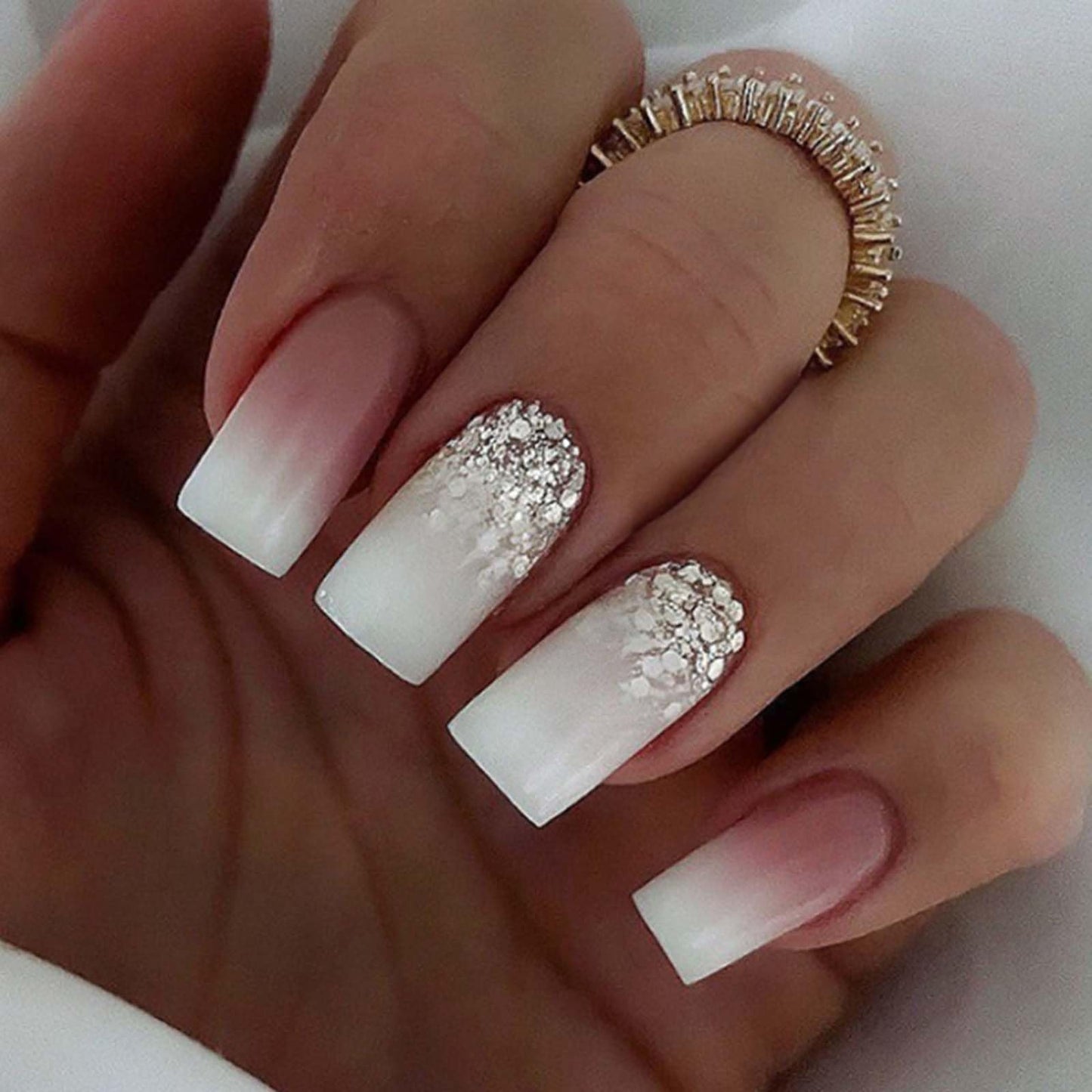 Gifiky Bling Fake Nails Long Coffin Press on Nails Gradient Cute Nails Tips Acrylic Full Cover Ballerina False Nails Nude for Women and Girls 24Pcs