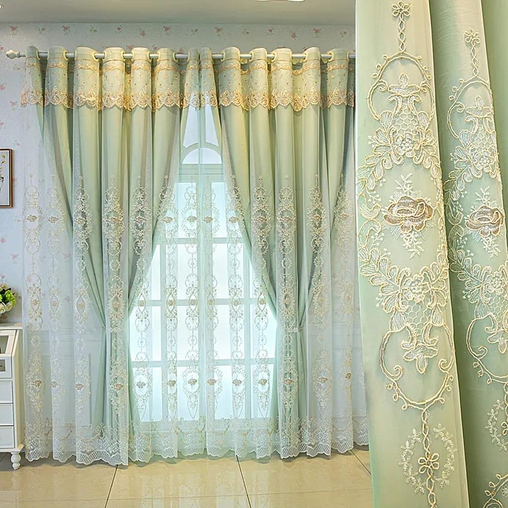 Amidoudou 1 Pair European Double Layer Curtains with Valances for Living Room Bedroom 3D Flower Embroidered Curtains (Green,63x95 Inch)