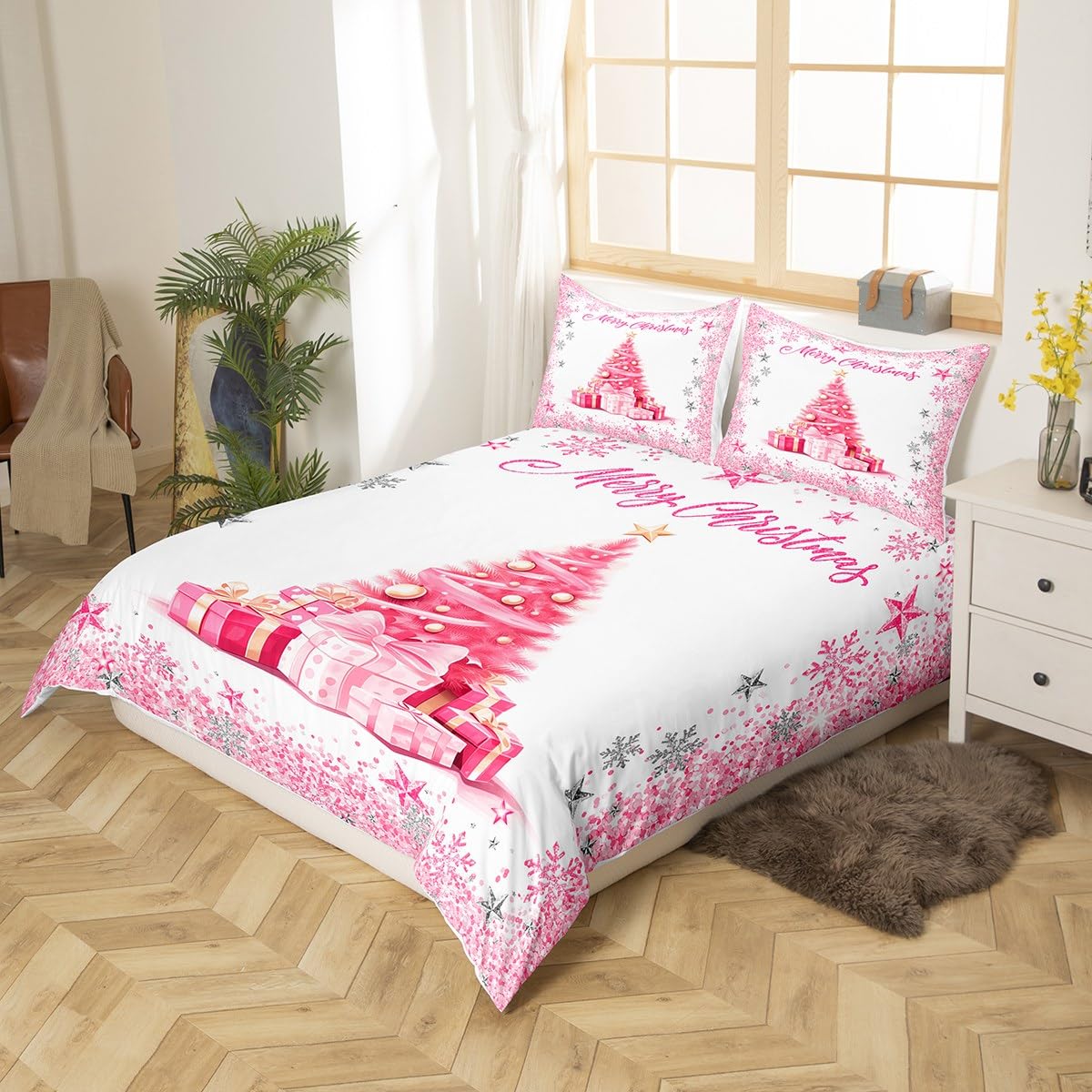 Pink Xmas Tree Duvet Cover Set Twin Size,Merry Christmas Bedding Set for Kids Girls Woman Teens Room Decor,Girly Sliver Glitter Snowflake Comforter Cover Sweet Winter Style Quilt Cover,1 Pillowcase