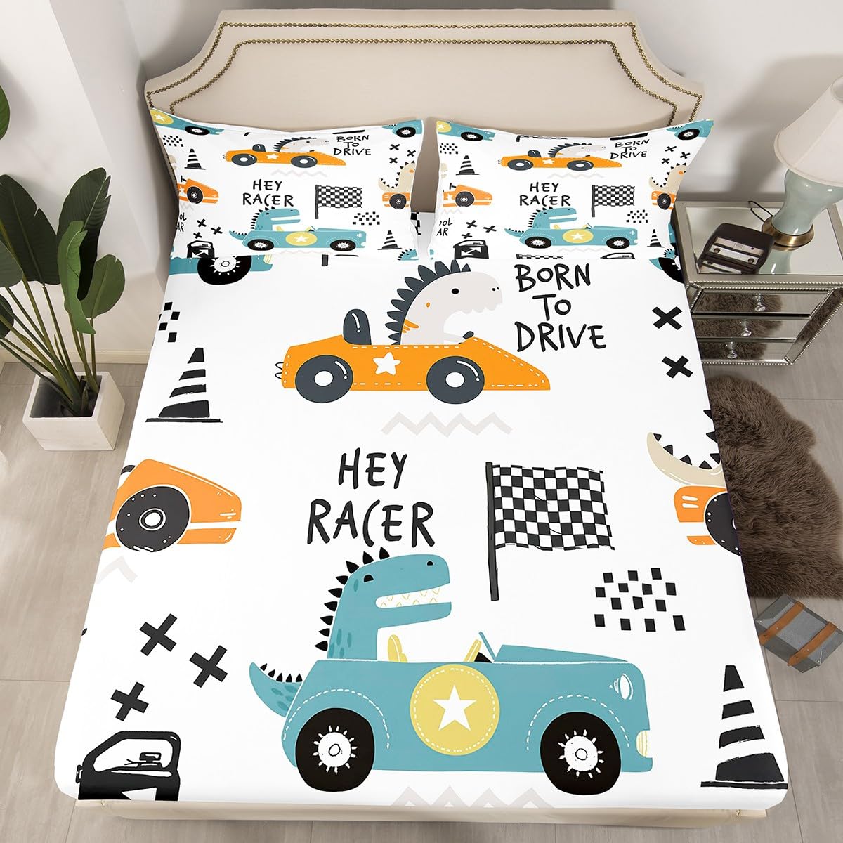 Cartton Car Kids Sheet Set Racing Sports Game Bed Sheets Set Decor Cute Dinosaur Racer Sheets with Deep Pocket Fitted Sheet Gift for Racing Lover White Blue Bedding Set Bedroom Quilt Cover 4Pcs Full