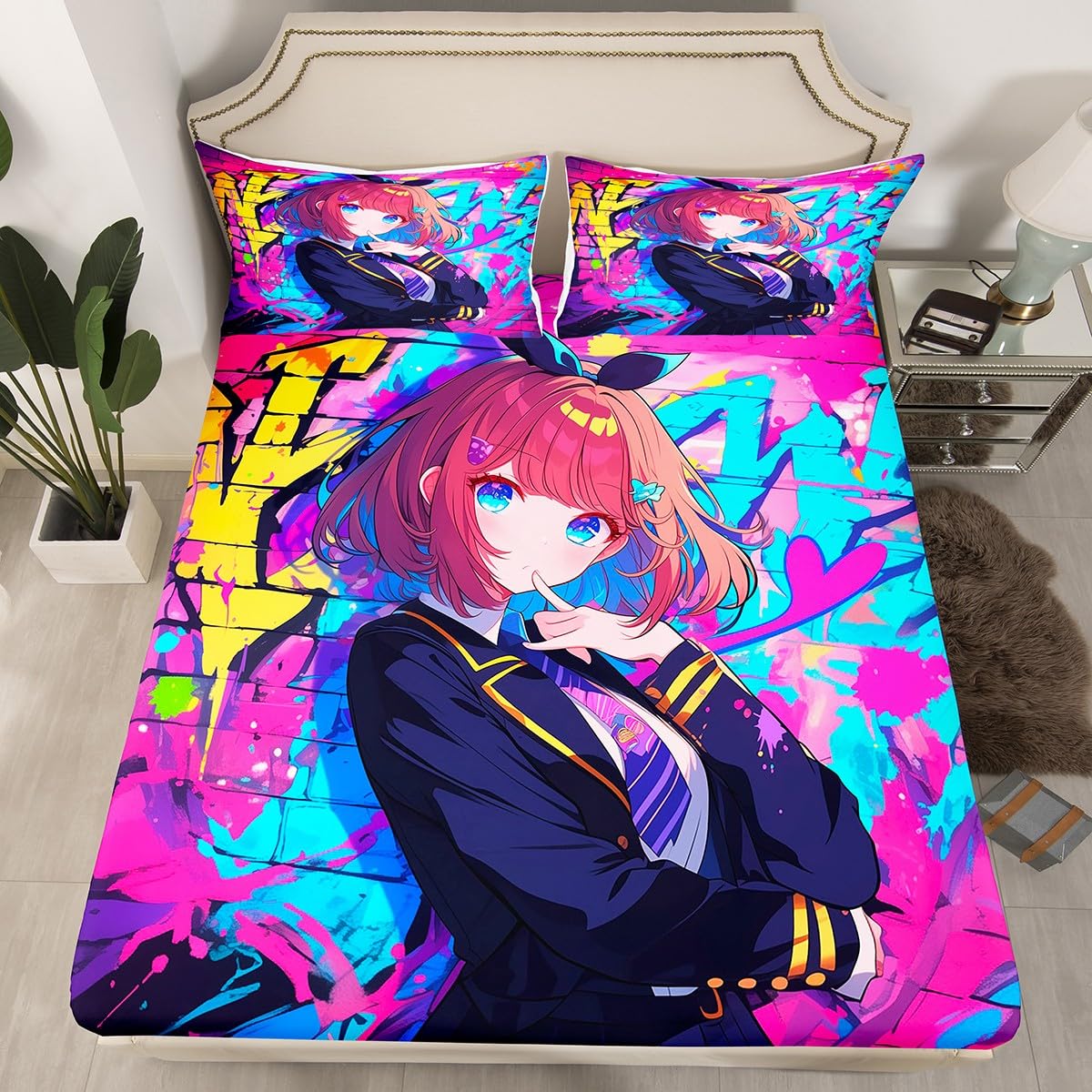Erosebridal Girls Japanese Anime Bedding Set Full, Kawaii Anime Girl Fitted Sheet Cartoon Girl Bed Sheets for Kids Teens Adult, Japanese Animation Sci Fi Style Sheets, 2 Pillow Cases