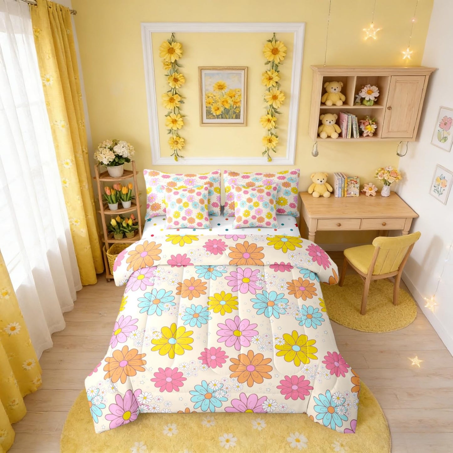 Erosebridal Cartoon Flower 7 Pcs Bedding Set Twin Size for Teen Girls Cute Floral Comforter Set with Sheets for Kids Young Women Blue Yellow Pink Bed in A Bag Kawaii Daisy Bed Sets All Season