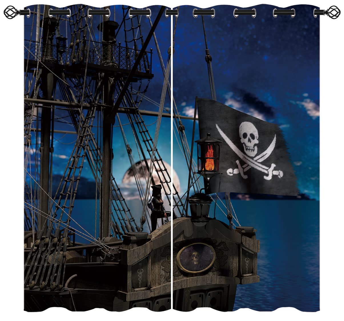 ONINUO Pirates Blackout Curtains for Girls Boy Home Decor, Ship Nautical Blue Adventure Marine Grommet Thermal Insulated Drapes Darkening Window Curtain for Bedroom Living Room, 42 x 45 Inch