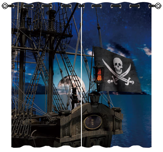 ONINUO Pirates Blackout Curtains for Girls Boy Home Decor, Ship Nautical Blue Adventure Marine Grommet Thermal Insulated Drapes Darkening Window Curtain for Bedroom Living Room, 42 x 45 Inch
