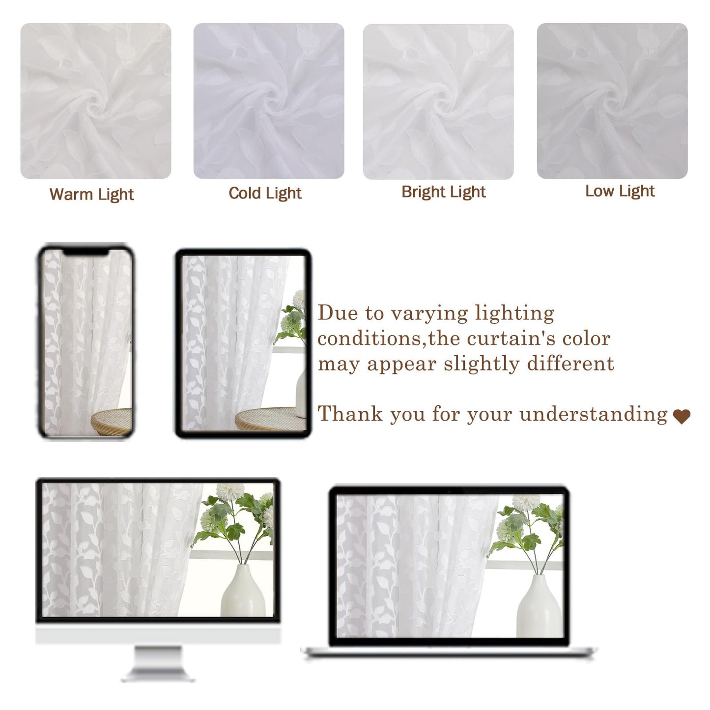 Chyhomenyc White Sheer Curtains 84 Inch Length 2 Panels Set, Light Filtering Tufted Textured Soft Airy Rod Pocket Gentle Leaf Window Treatment Drapes for Bedroom Living Room, 42" Wx84 L, 2PCS