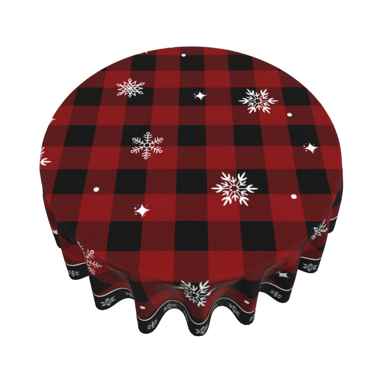 Christmas Tablecloth, Red Black Buffalo Plaid Round Tablecloth 60 Inch, Winter Snowflake Table Cloth for Rustic Farmhouse Kitchen Decor, Xmas Holiday Outdoor Wipeable Polyester Fabric Table Cover