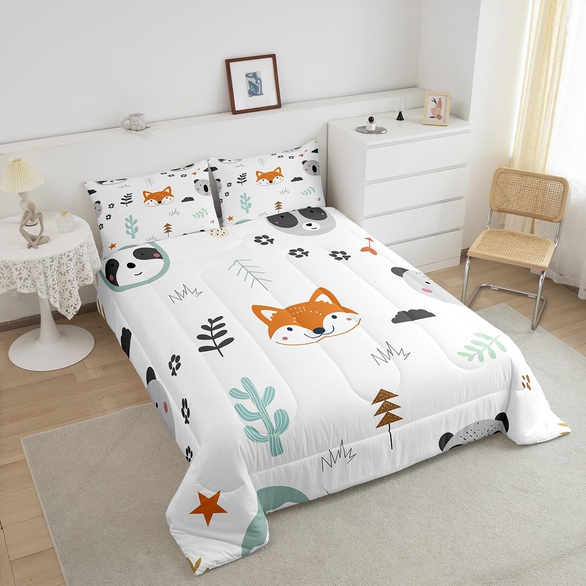 Feelyou Cute Fox Comforter Set Twin Size Cartoon Animal Bedding Set for Boys Girls Teens Bedroom Decor Zoo Animal Comforter Women Men Wildlife Duvet Set with 1 Pillow Case