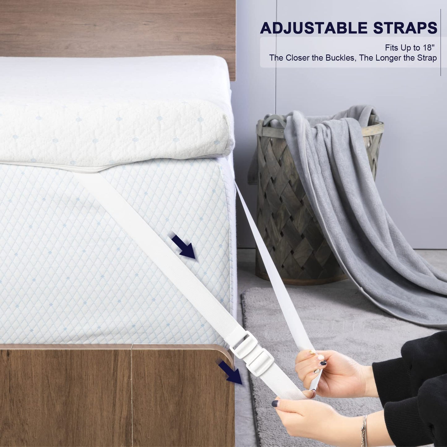 Ferlizer 2 Inch Twin Mattress Topper Protector Cover, Oeko-Tex Certified, Bamboo Zippered Cover for Mattress Topper, Adjustable Straps & Anti-Slip Silicone Bottom, Removable & Washable - Cover Only