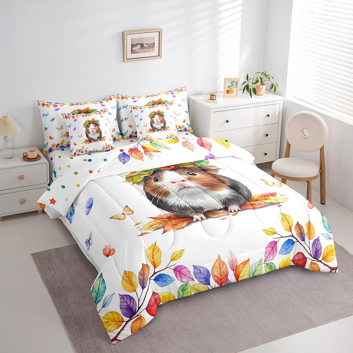 Kawaii Guinea Pig Bedding Comforter Sets 7pcs for Boys Girls Cartoon Animal Queen Bedding Sets, Colorful Butterfly Bed in a Bag Rainbow Eucalyptus Leaves Comforter Set, Cute Polka Dots Reversible