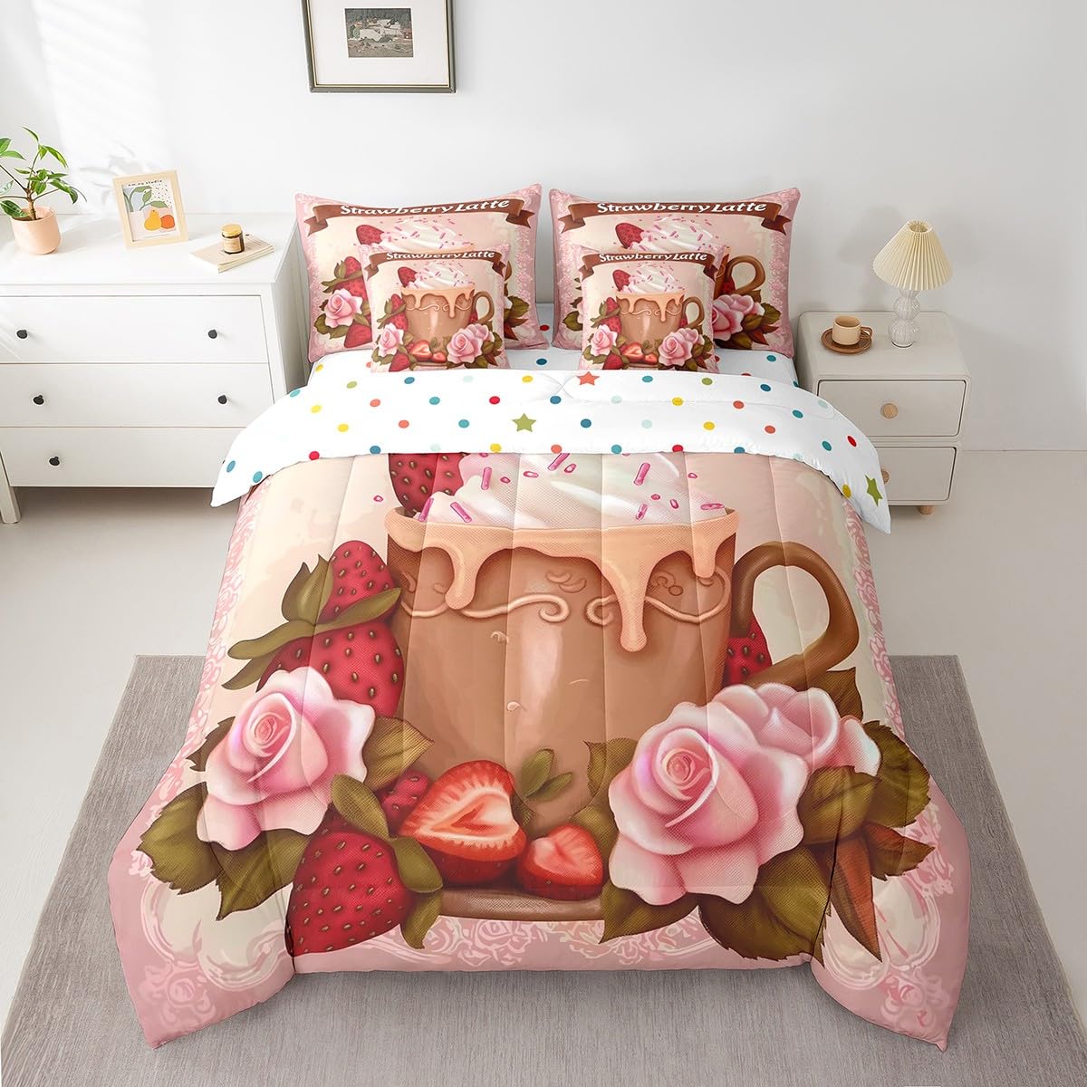 Erosebridal Strawberry Lattle Bedding Set for Kids Teens,Delicious Fruit Comforter Set Full Size,Girls Strawberry (Comforter+Fitted+Flat Sheet+2 Pillowcases+2 Throw Pillow Covers) 7 Pieces Bed Set