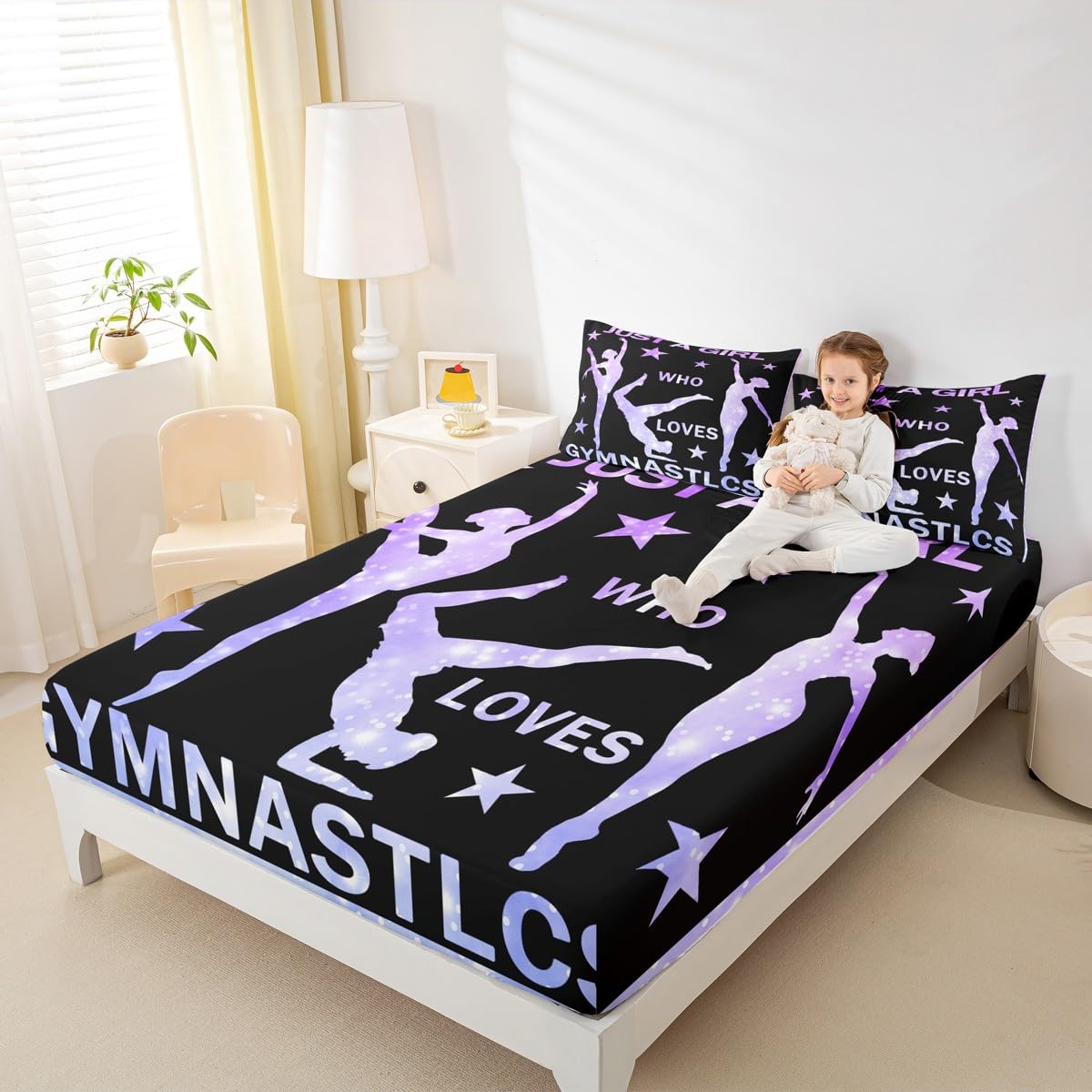 Gymnastics Fitted Sheet Girls Gymnastics Lovers Bed Sheet Set for Daughter Girls Kids Gymnast Sports Decor Bedding Set Purple Glitter Bed Cover Bedroom (No Flat Sheet) Twin Size
