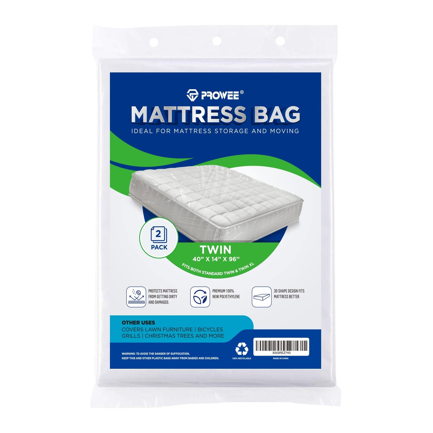 PROWEE 2 PK Twin XL/Twin Mattress Bags for Moving, Waterproof Mattress Cover for Disposal and Storage