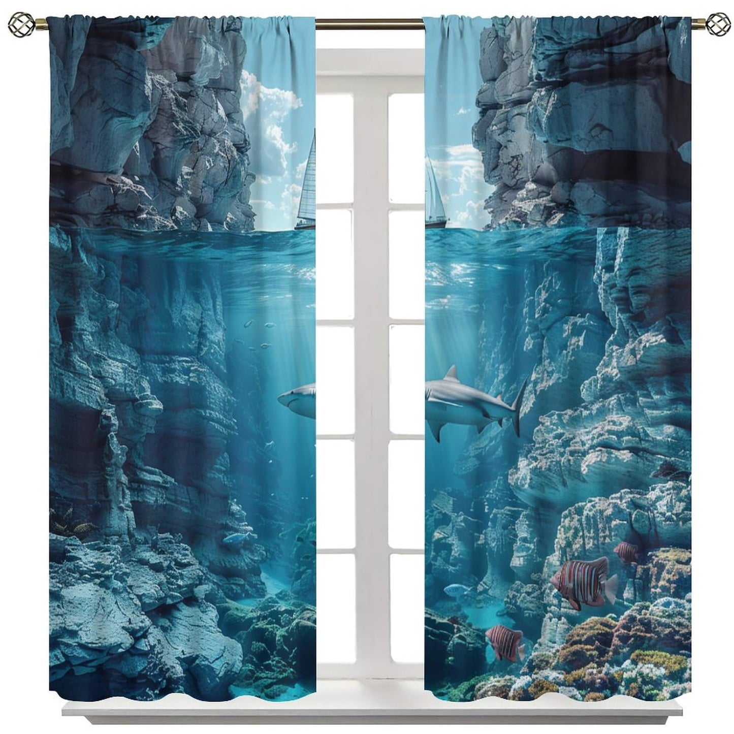 TOWINSFB Nautical Sailboat Shark Blackout Curtains for Living Room Bedroom, Ocean Rock Coral Fish Scenery Window Curtains Rod Pocket Thermal Insulated Window Drapes, 2 Panels, Each 21W x 45L