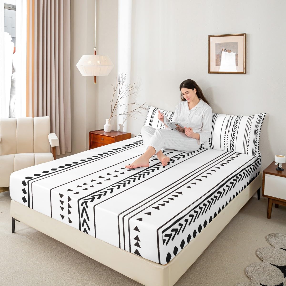 Erosebridal Boho Aztec Fitted Sheet King Size,Bohemian Geometric Stripe Bedding Sets for Kids Teens Adults,Black Simple Bed Sheet Set Soft Microfiber Sheet Set 3 Piece for Bedroom White