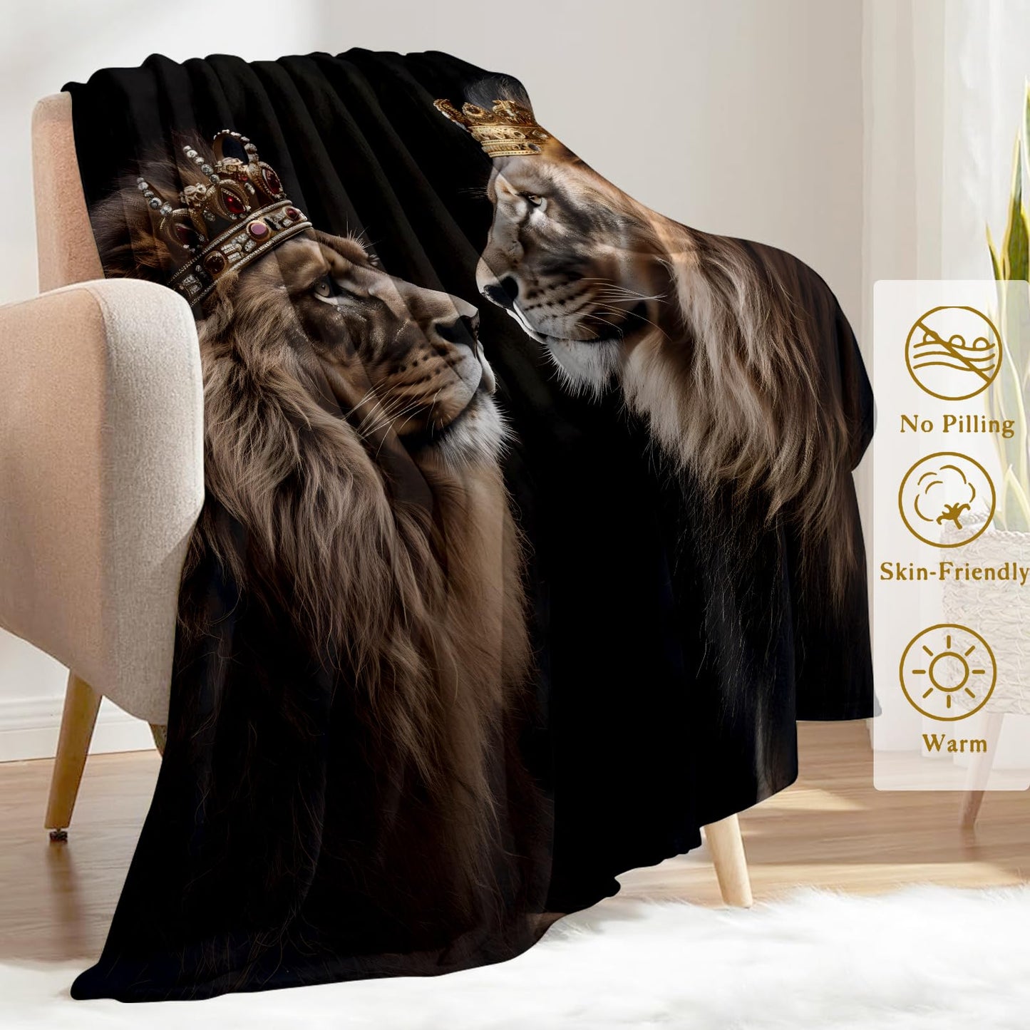 ainori Royal Lion Fleece Blanket - Lightweight Soft Cozy Gifts Throw for Animal Lovers,Kids,Women,Men,Cool Crown Majestic Black Blankets,Home Room Modern Art Decor 50x60in