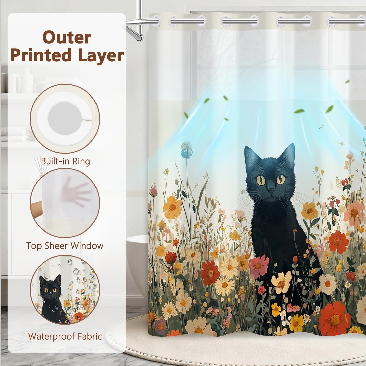 No Hook Shower Curtain with Snap in Liner, Funny Black Cat Floral Wildflower Spring Bathroom Curtains, Hotel Waterproof Fabric Shower Curtain with See Through Top Window, Weighted Hem, 71x74 Inch