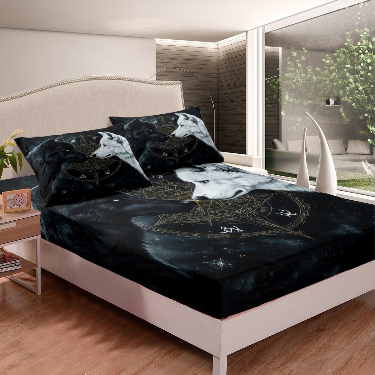 Black White Wolf Bedding Sets Full Size,Wild Life Bed Sheets 4Pcs,Sun Moon Starry Sky Fitted Sheet for Kids Teens Men Boys Room Decor,Magical Boho Style Black Top Flat Sheet,2 Pillowcases