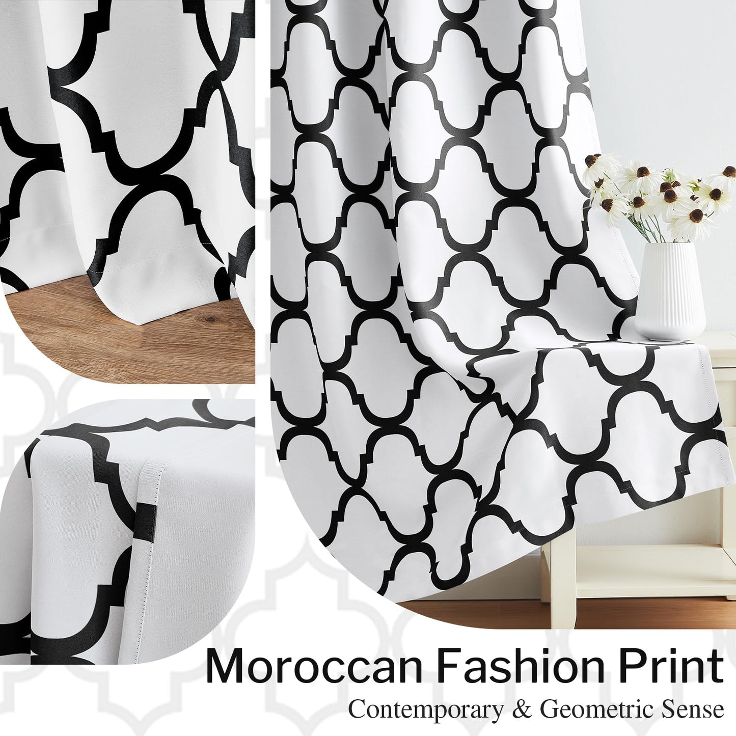 Melodieux Moroccan Printed Room Darkening Blackout Grommet Curtains for Living Room Bedroom, 52 by 84 Inch, Off White/Black (2 Panels)