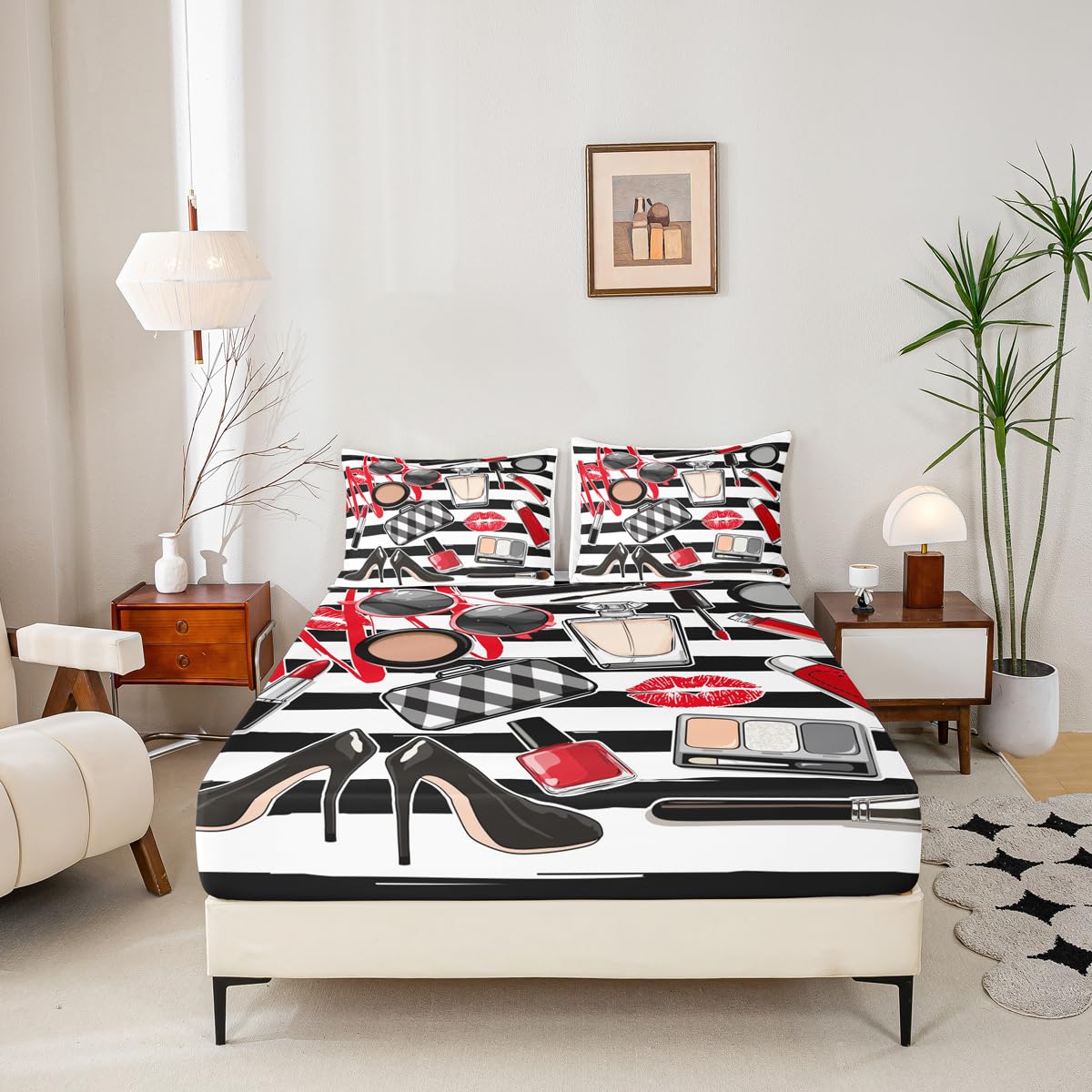 Homewish Makeups Fitted Sheet Queen,Glasses Lipstick Lips Bedding Set 3pcs for Girls Woman Teens Room Decor,Black White Stripes Bed Cover Modern Bed Sheet Set with 2 Pillowcases