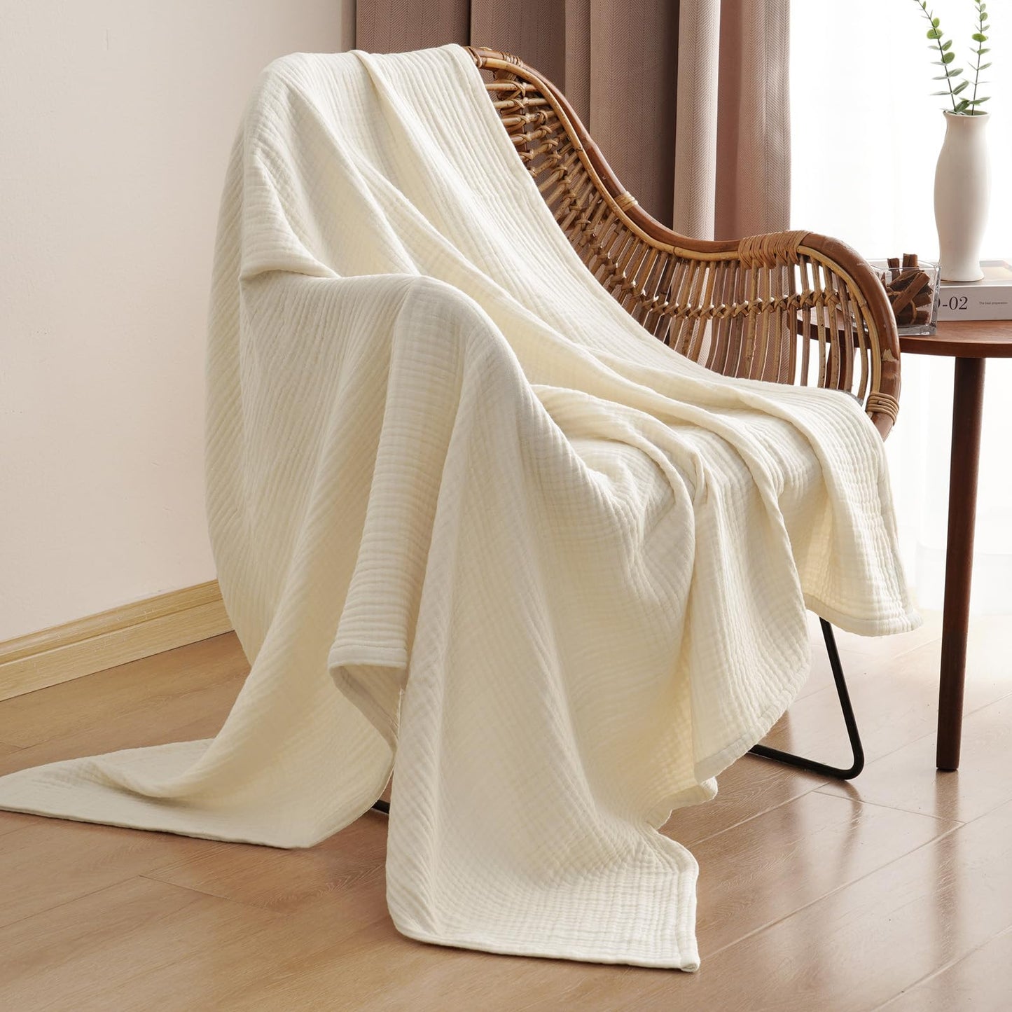 PHF 100% Cotton Muslin Throw Blanket 50" x 60", 4-Layer Lightweight Gauze Throw, Breathable Cloud-Soft Minimalist Blanket for Bed, Couch, Camping, Birch, Ideal Gift