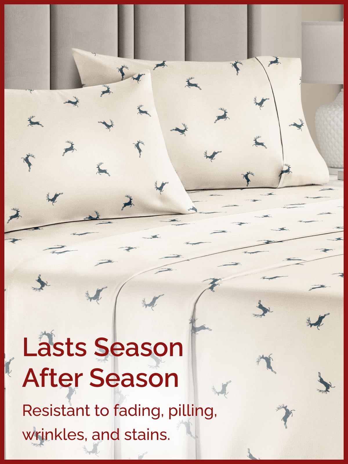 King Christmas Reindeer Sheet Set - Holiday Xmas Pattern Bedding Set - Deep Pockets - Snug Fit - 4 Piece - Wrinkle Free & Easy Care - Comfy Festive Winter - Holiday Sheets for Women, Men, Kids & Teens