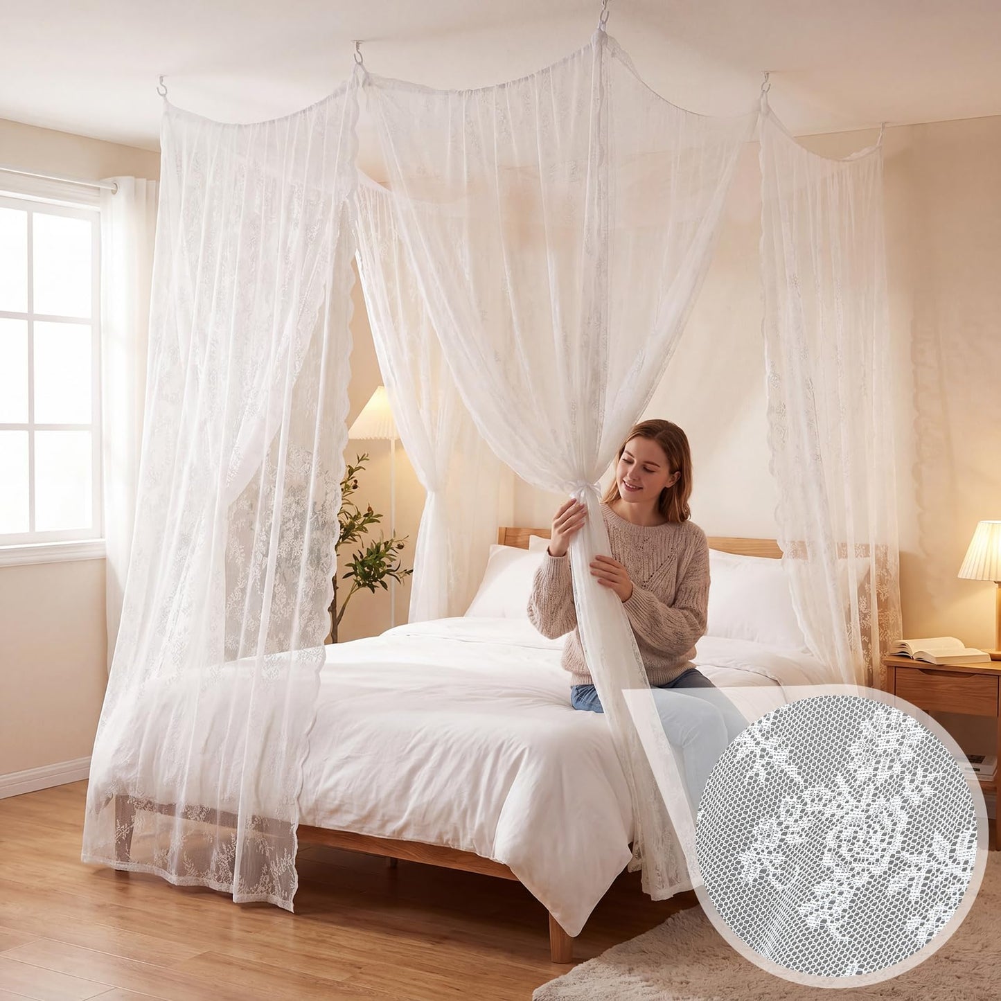 CrystalSylara 8 Panels Lace Bed Canopy Curtains with 10 Ceiling Hooks 40 x 84 and 30 x 84 Inch Curtains for Queen Size Bed Dorm Bedroom No Drill Romantic White Lace Canopy Tie Top DIY Setup