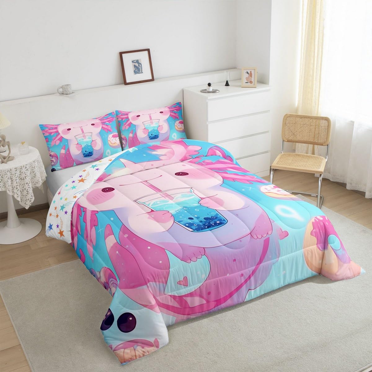 Erosebridal Kawaii Axolotl Bedding Set Queen,Pink Dessert Donut Comforter Set for Kids Girls Boys,Boba Tea Quilt Bed Set Funny Animal Bedding Comforter Sets with 2 Pillowcases Room Decor