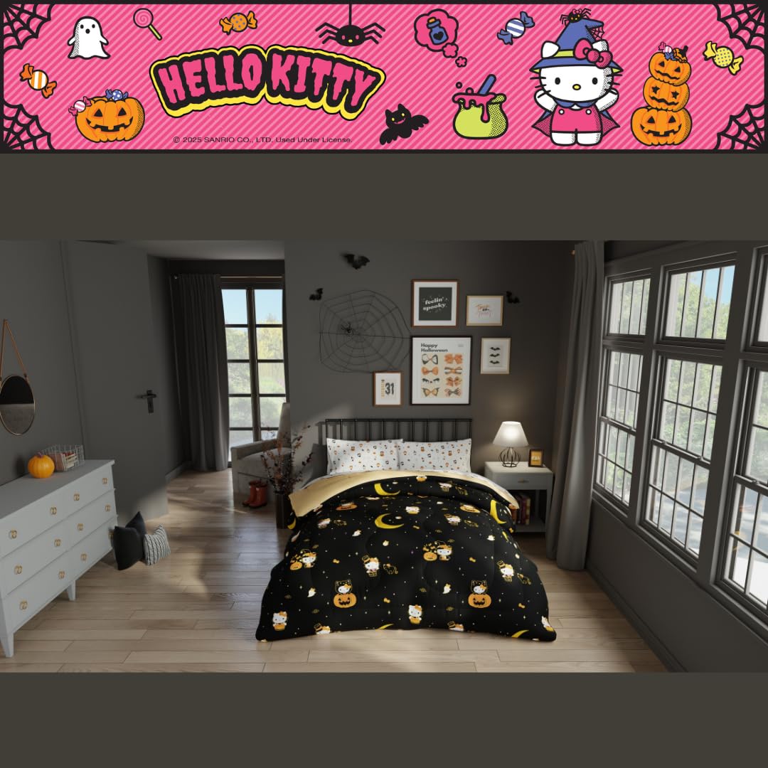 Sanrio Hello Kitty Halloween Pumpkin Twin Bed Set – Super Soft & Cozy 4 Piece Reversible Comforter and Sheet Set (Officially Licensed Product) by Franco