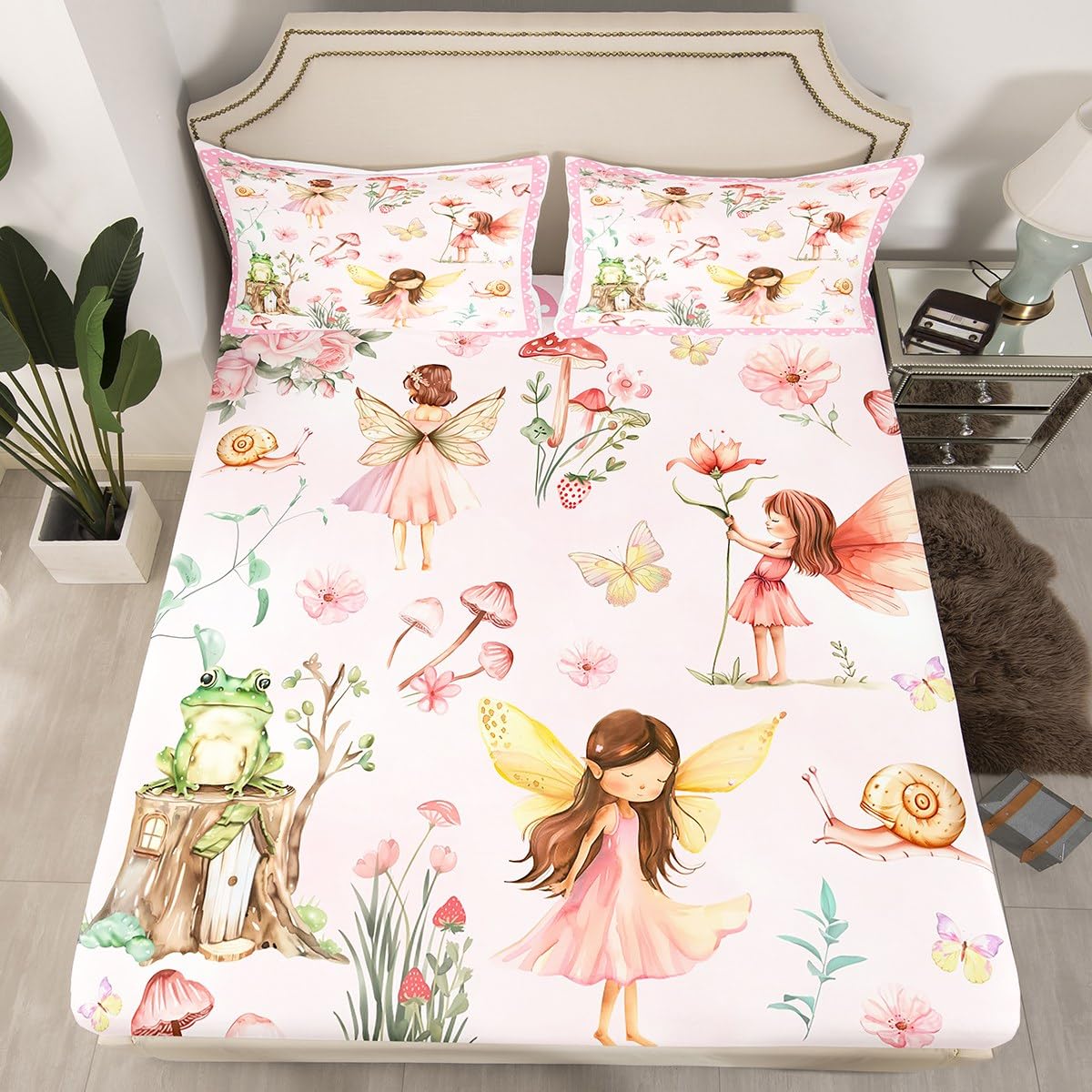 Erosebridal Dreamy Fairy Twin Bedding Set,Pink Floral Garden Fitted Sheet for Girls Kids,Mushroom and Frog Bed Set,Kawaii Flower Butterfly Bed Sheets 2Pcs Room Decor (No Flat Sheet)