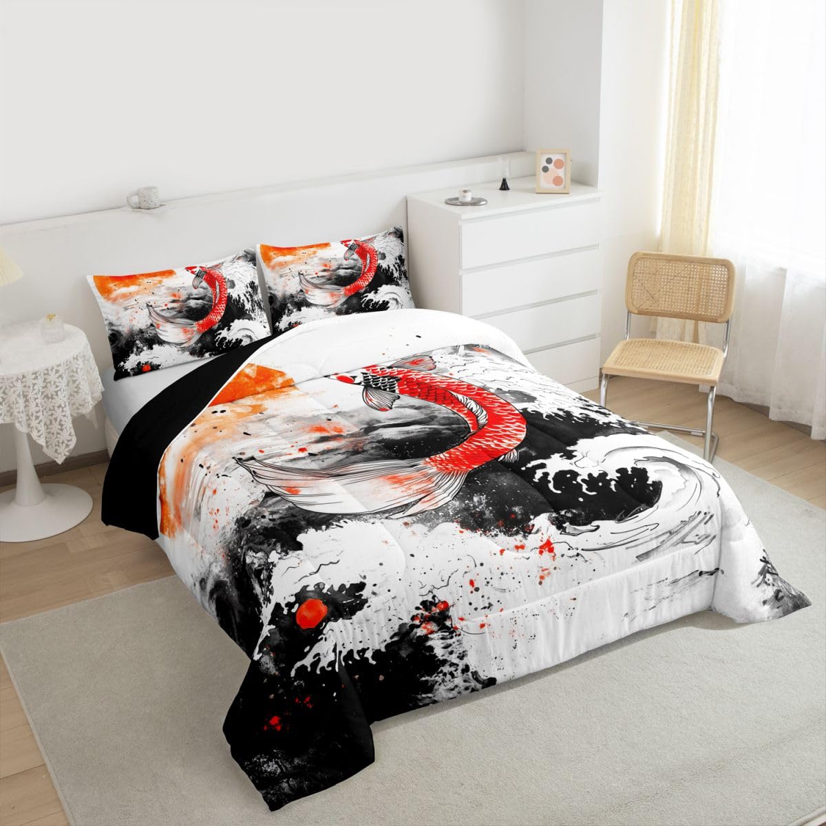 jejeloiu Wave Bedding Set Soft for Boys Girls, Japanese Style Comforter Set Queen Size Fish Duvet Quilt Microfiber Red Sun Bedroom Decor 3 Pcs with 2 Pillow Cases