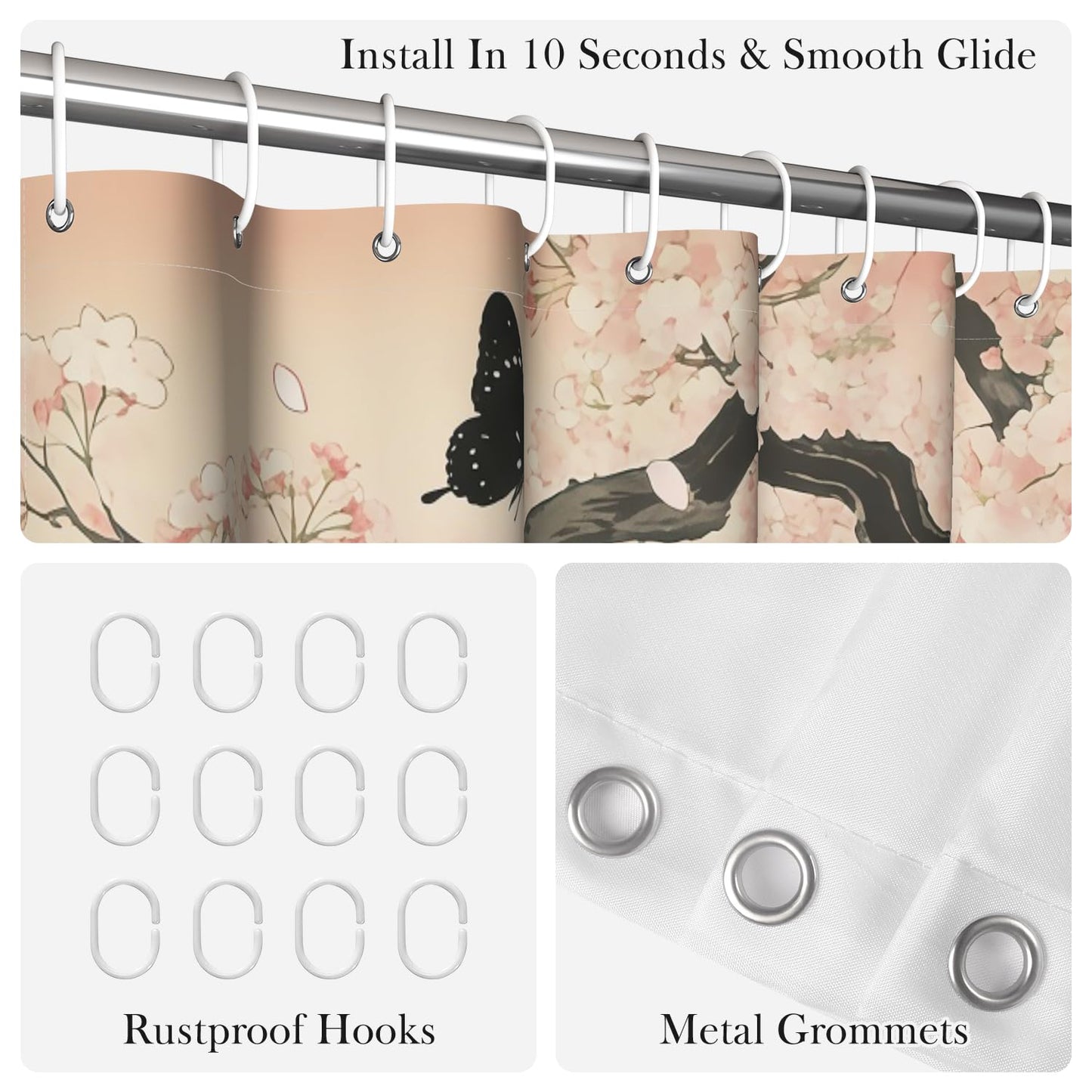 NAEMBCU Japanese Garden Shower Curtain with Hooks - 72x72 Inch Waterproof Fabric Bathroom Curtain with Cherry Blossom, Bamboo Forest and Zen Path Design, Fantasy Nature Bath Curtain Decor
