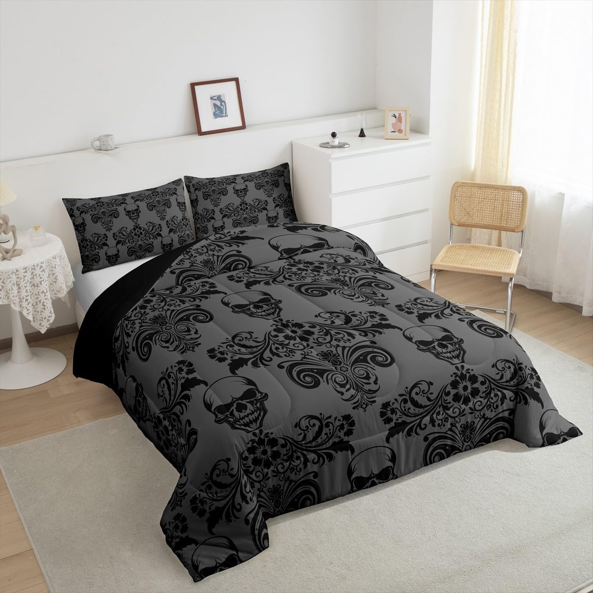 jejeloiu Queen Size Damask Print Bedding Set for Kids Boys Girls Gothic Sugar Skull Comforter Set Deep Grey Duvet Quilt Bedroom Decor Soft Lightweight Microfiber 3Pcs