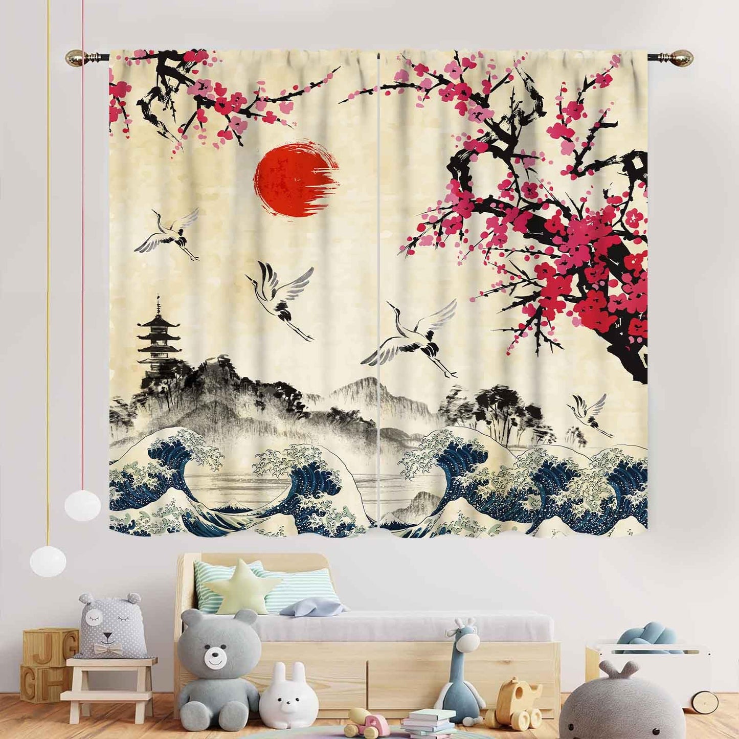TKUYO Japanese Curtains, Pink Plum Blossom Cherry Floral Branch Asian Style Ink Painting Landscape Crane Birds Printed Window Drapery Treatments for Bedroom Living Room Kitchen 2 Panels, 42"x45" Inch
