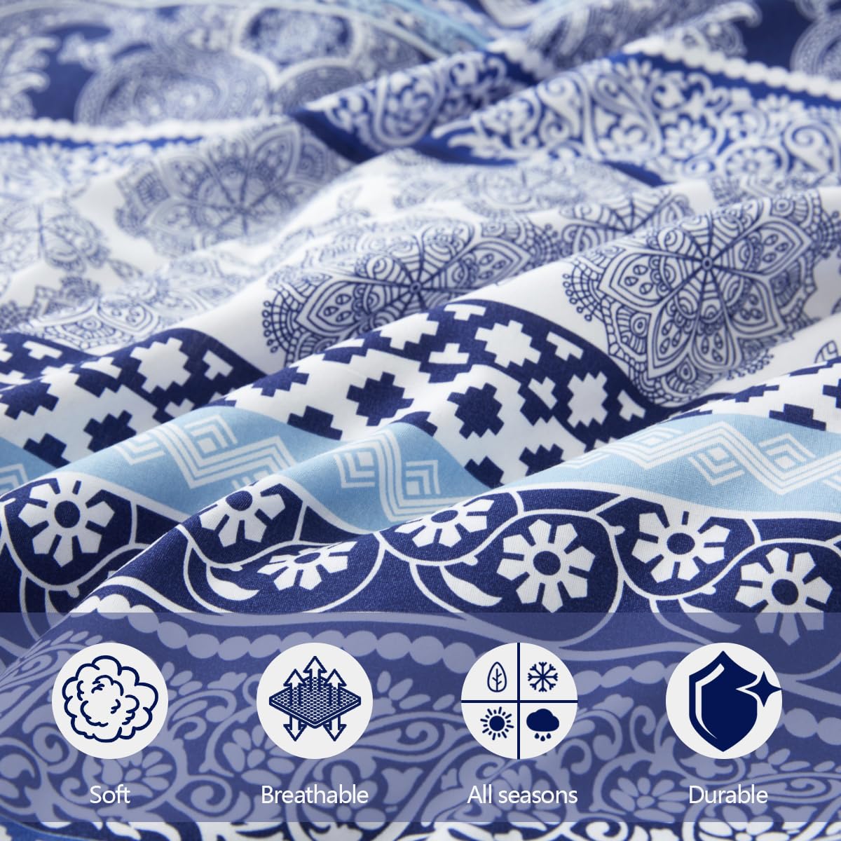 Bed pomu Duvet Cover Set – Soft & Breathable Microfiber Bedding, All Season Comforter Cover with Zipper Closure & Corner Ties, 3 Piece Set (Queen (U.S. Standard), Blue Tribal Stripe)