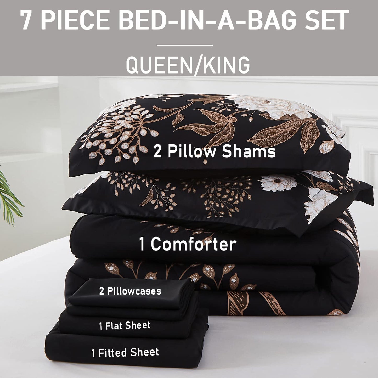 Yogeneg 7 Piece Bed in a Bag Queen Comforter Set Botanical Floral Bedding Set,White Flowers Leaves Printed on Black Reversible Design,Soft Microfiber Comforter with Sheet Set,All Season