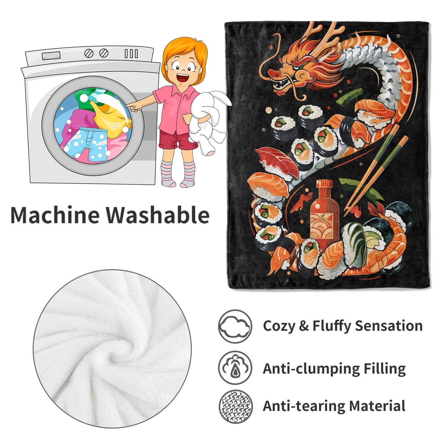 VODRM Sushi Dragon Blanket Japanese Cuisine Throw Blankets,Birthday Gifts for Kids Girls Women,Lightweight Soft Fleece,Sweet Food Lovers,Sofa Couch Bed Room Modern Decor 50x60in