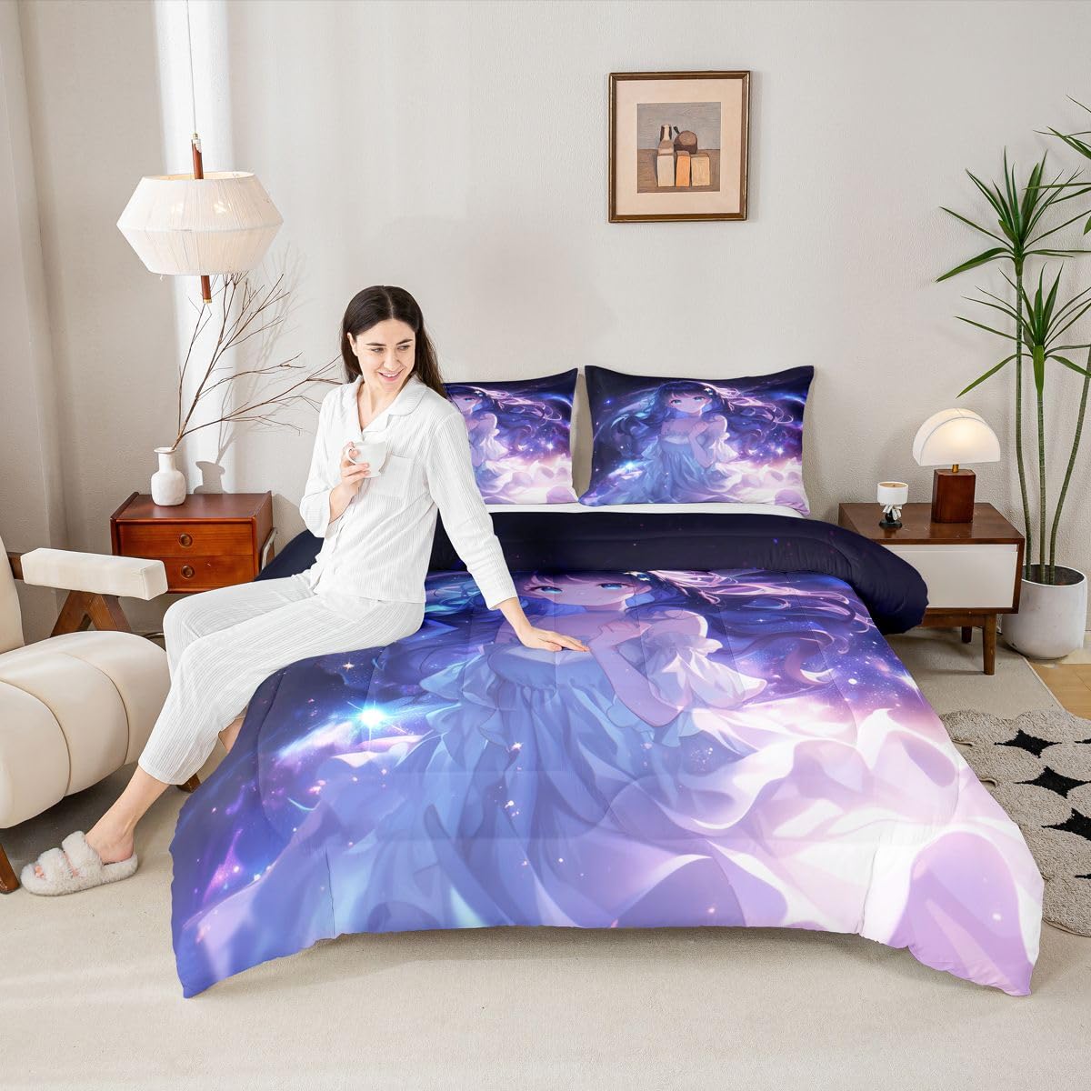 Erosebridal Anime Girls Bedding Anime Gifts Comforter Set for Kids Purple 3D Galaxy Printing Bedding Sets, Cartoon Long Curly Hair Girly Printed Comforter Kids Kawaii Japanese Girl Bed Set, Full