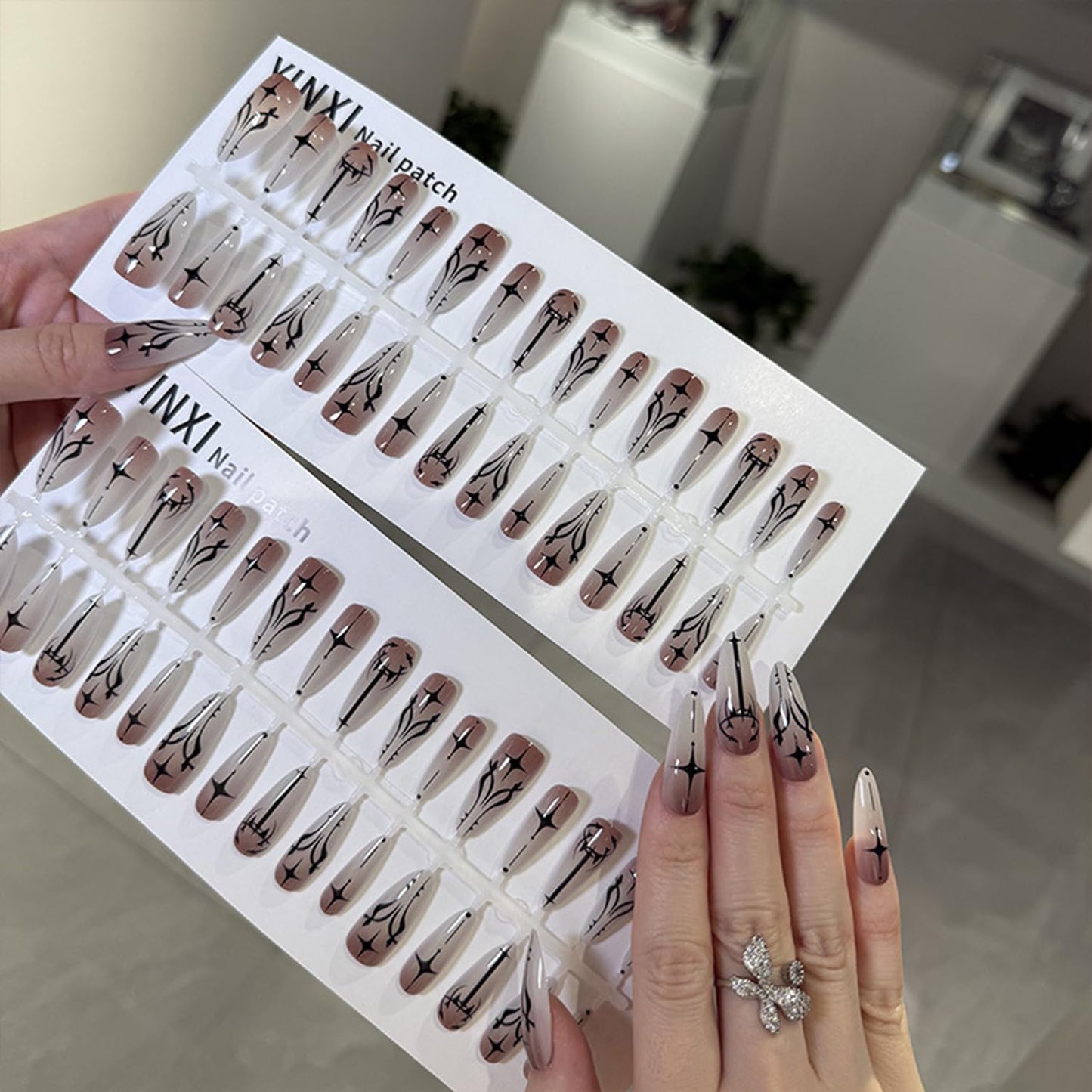 Goth Press on Nails Long Almond Shape Fake Nails with Black Star Designs Gothic Glue on Nail Reusable Artificial Acrylic Gradient Full Cover Glossy Stick on False Nail for Women 30 Pcs