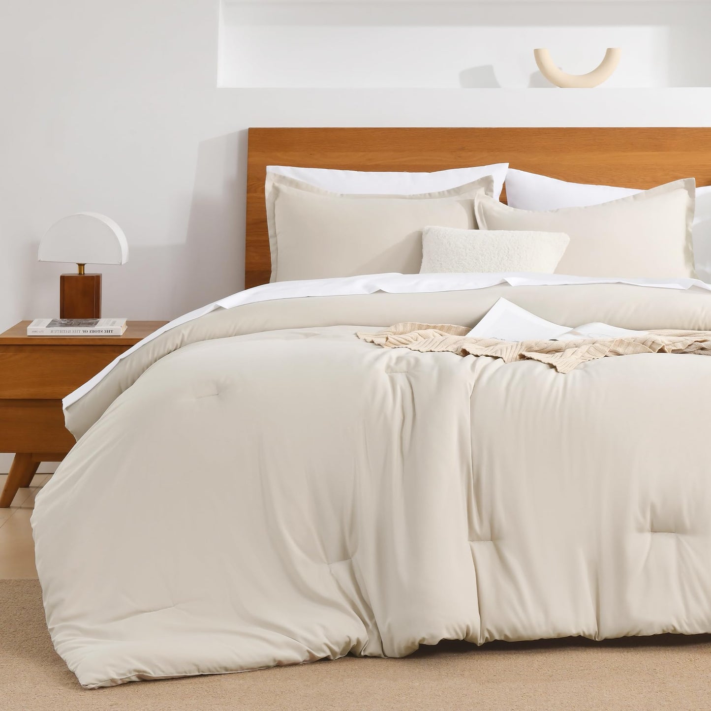 Andency Beige California King Comforter Set - 7 Pieces Cream Bed in a Bag Cal King Bedding Comforter Sets, Summer Solid Soft Lightweight Comforter with Fitted Sheets, Flat Sheets, Pillowcases & Shams