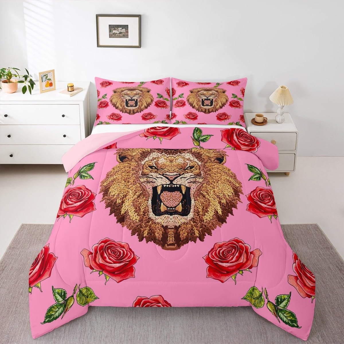 Erosebridal Lion Roses Comforter Set Twin Size Wild Flowers Bedding Set for Kids Girls BoysSafari Animal Comforter Pink Garden Farm Quilt Bedroom Decor