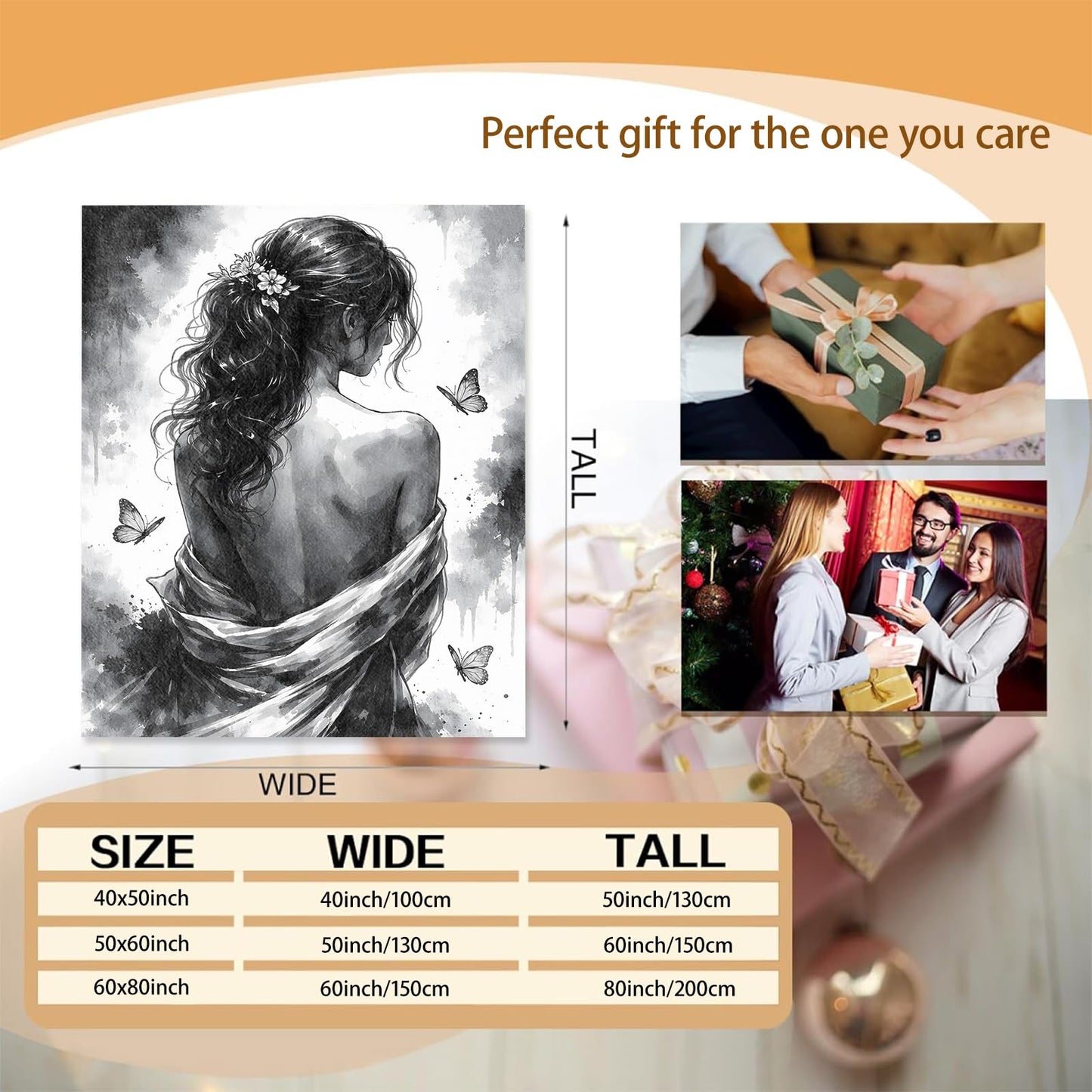 Elegant Woman Blanket Gifts for Women Girls Kids, Soft Warm Lightweight Black White Butterfly Art Throw Blankets for Living Room Sofa Home Bedroom Decor 50" x 60"